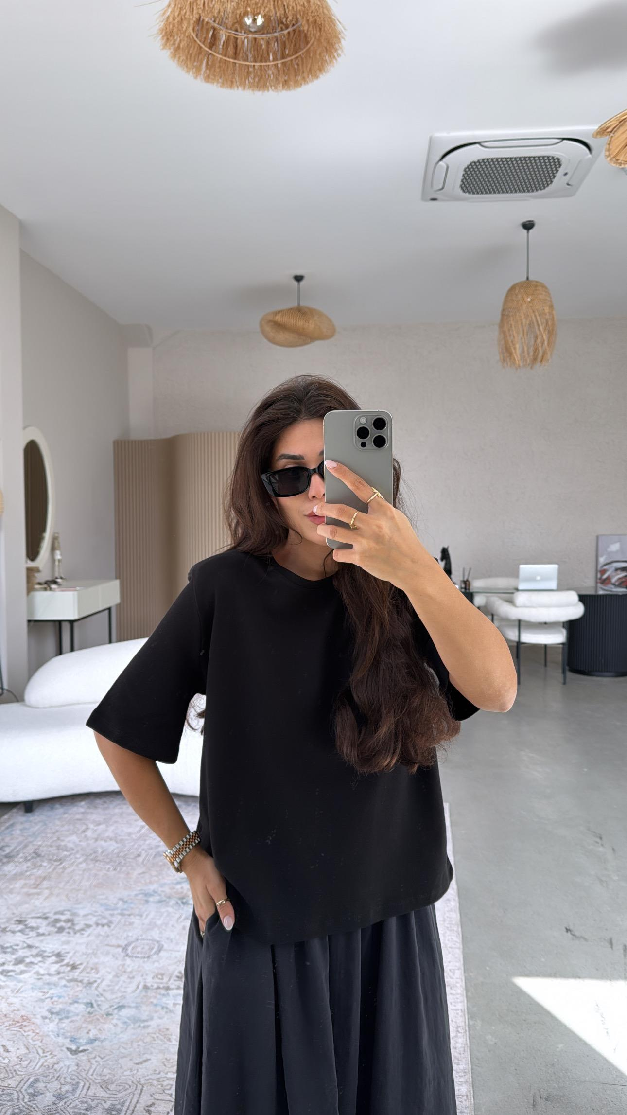 Siyah Vatkalı Pamuk Basic Tshirt