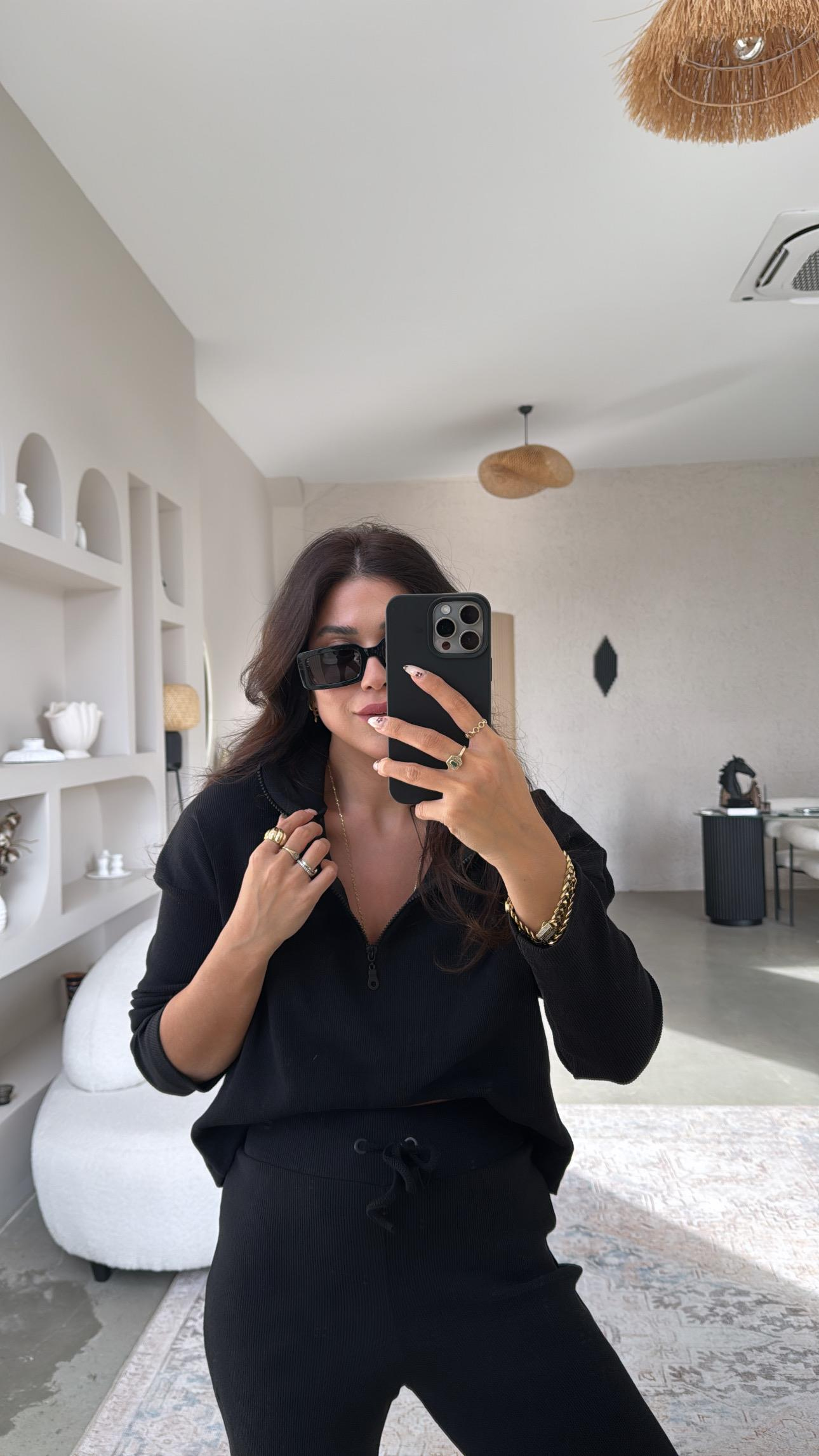 Siyah Yarım Fermuarlı Fitilli Basic Takım