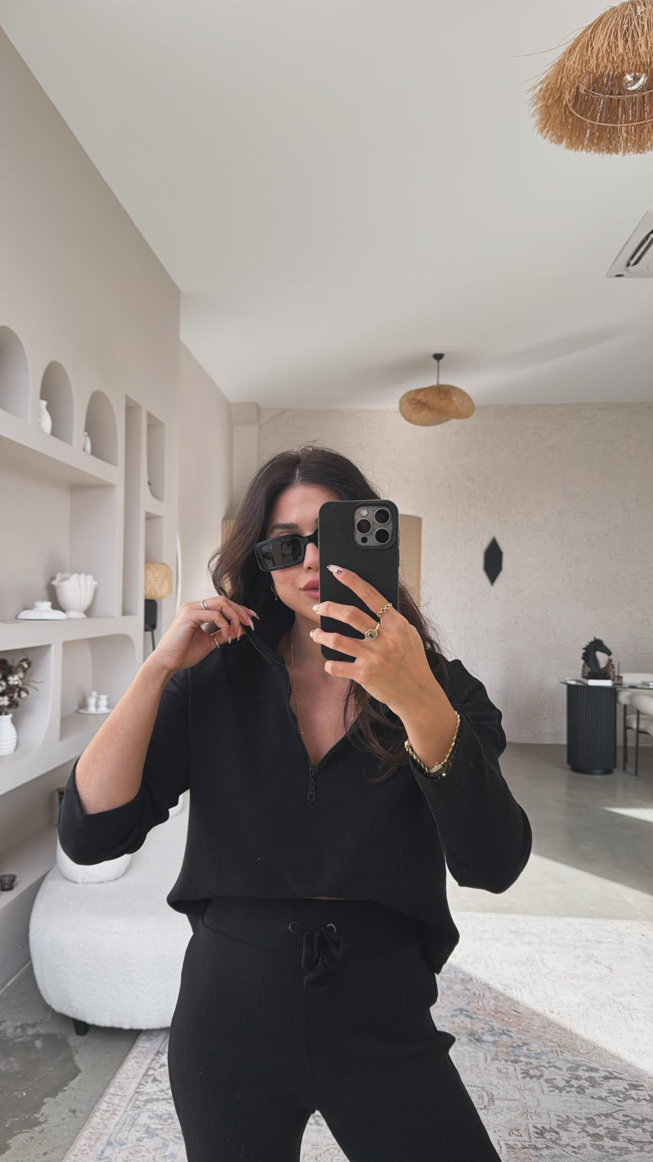 Siyah Yarım Fermuarlı Fitilli Basic Takım