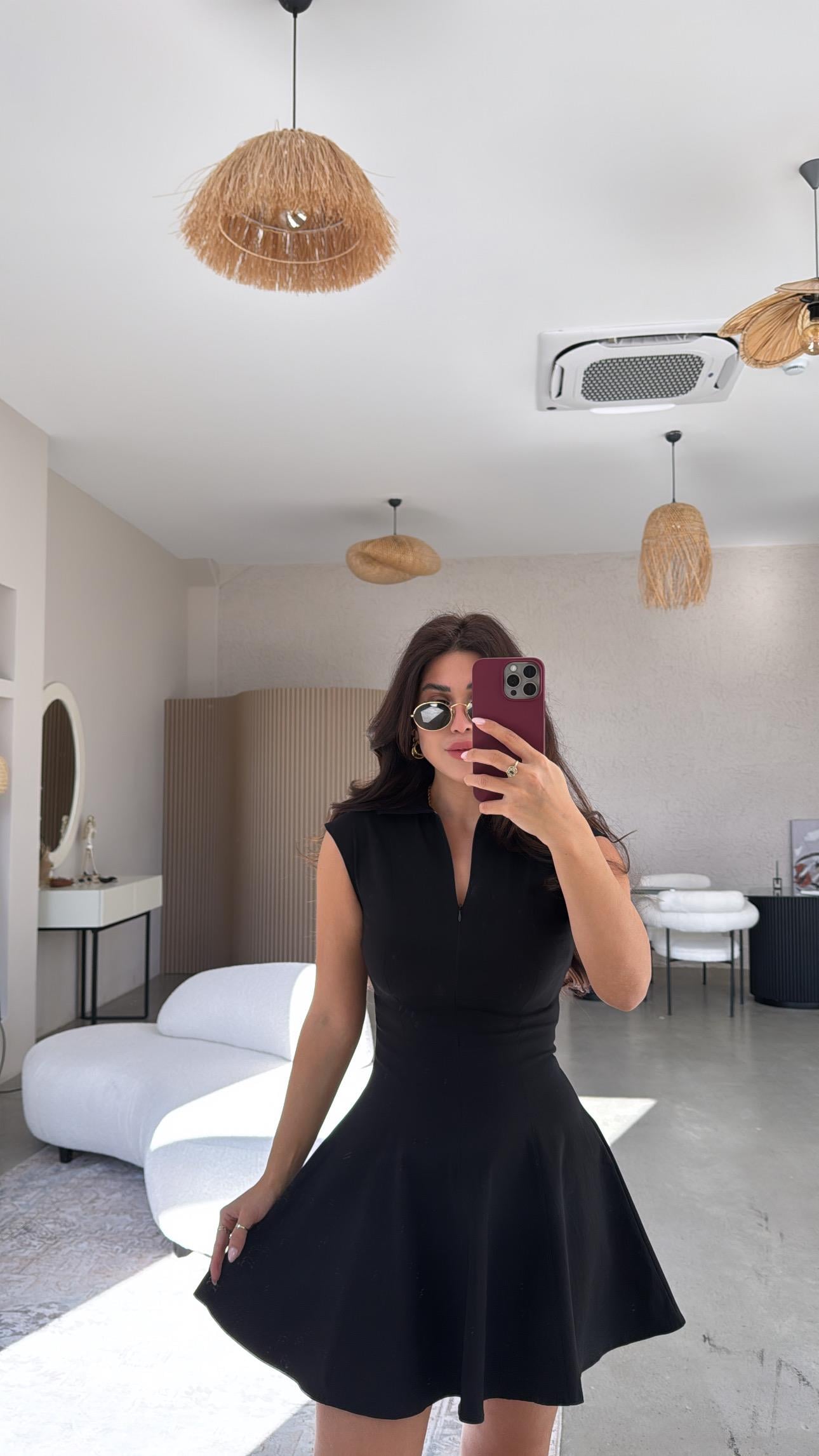 Siyah ZR Gömlek Yaka Fermuarlı Elbise