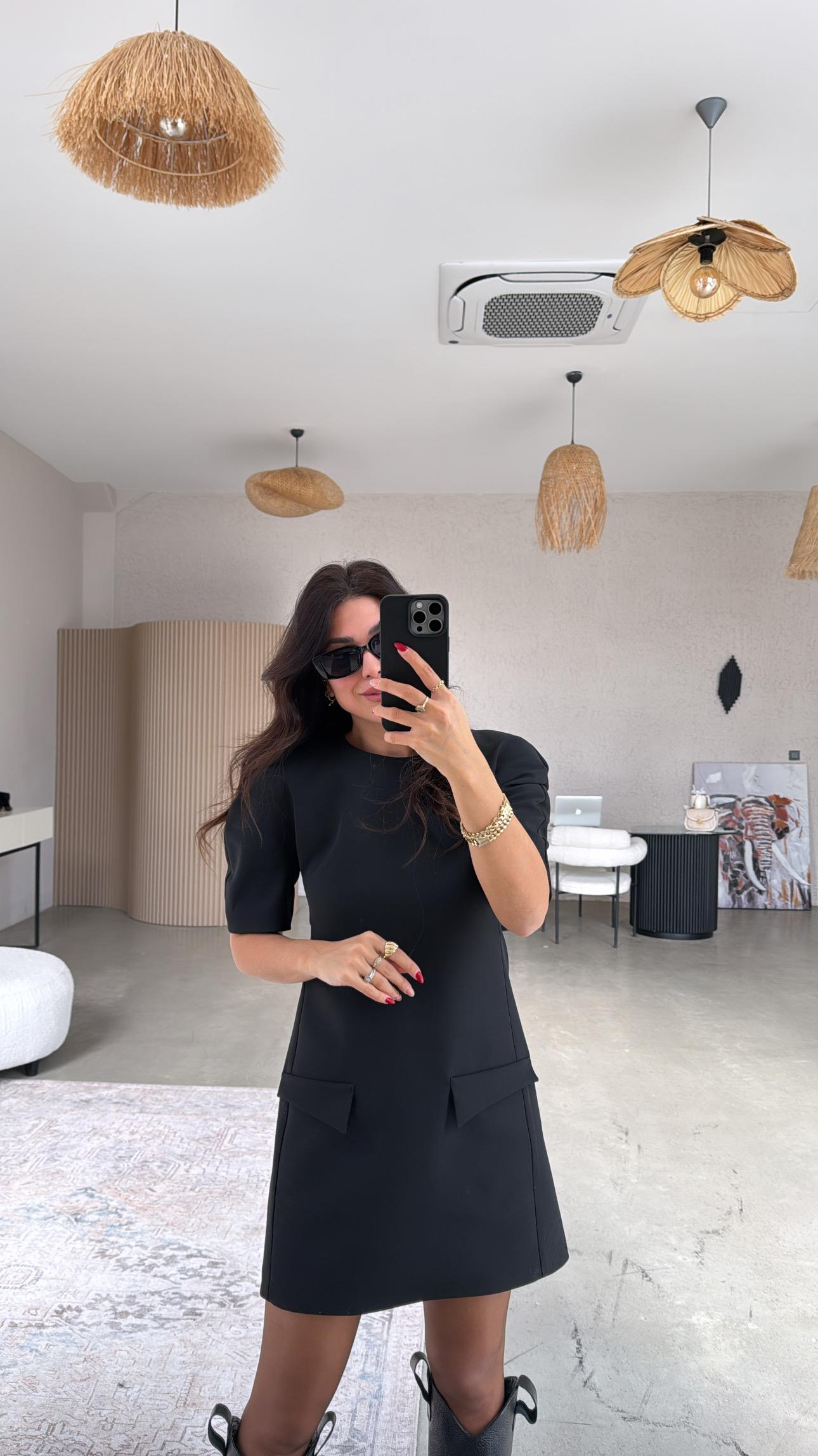 Siyah ZR Model Premium Kapak Cepli Kumaş Elbise