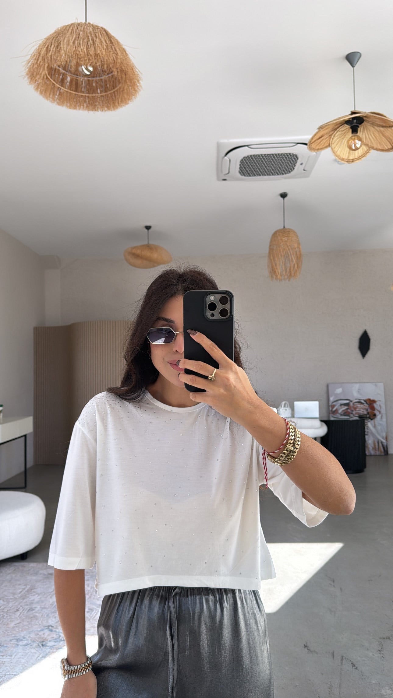 Taşlı Pamuklu Crop Tshirt