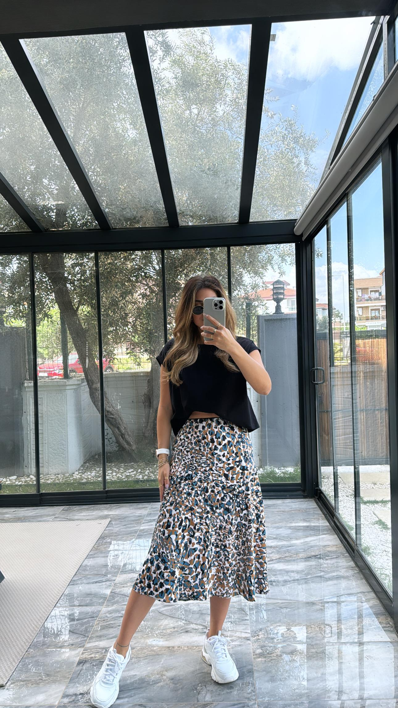 Turkuaz Leoparlı Tok Kumaş Etek