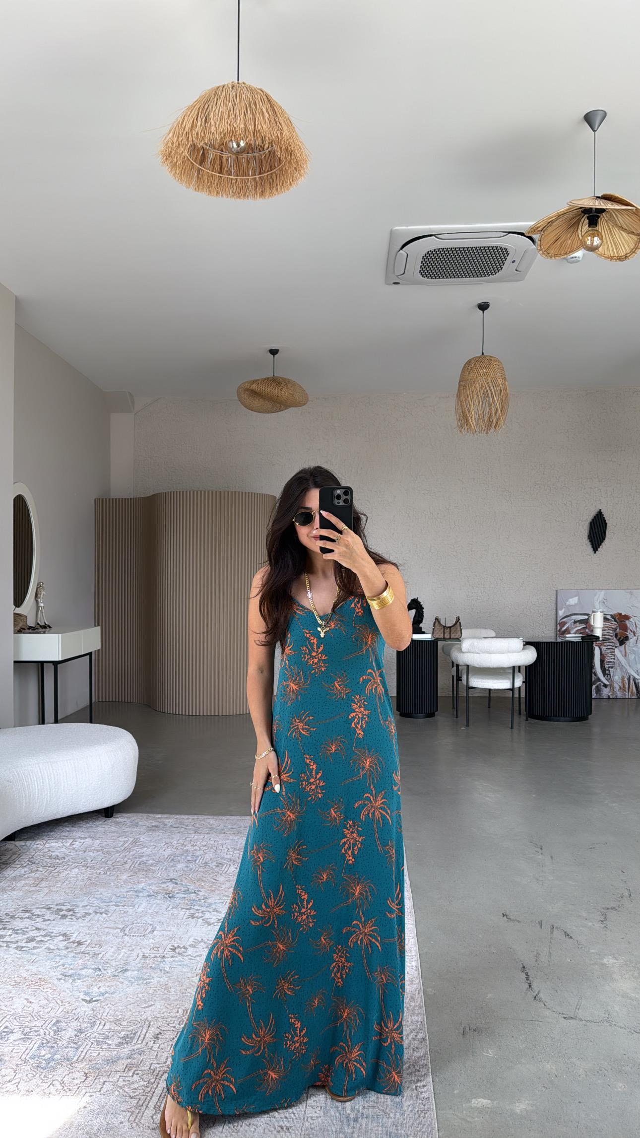 Turuncu Palmiye Desenli Askılı Viskon Elbise