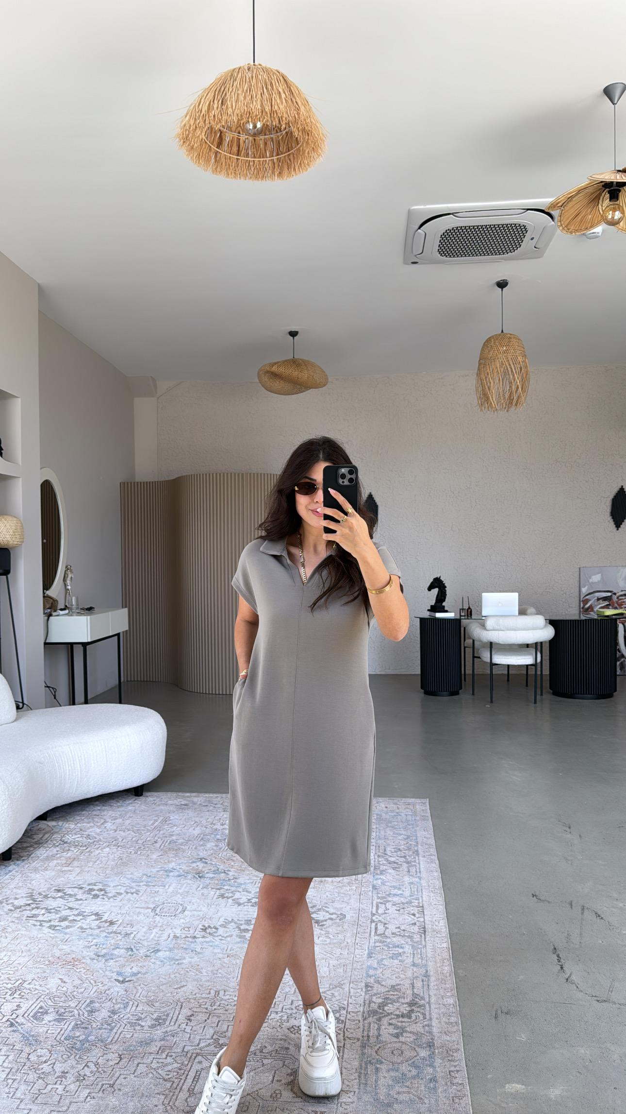 Vizon Polo Yaka Çımalı Elbise
