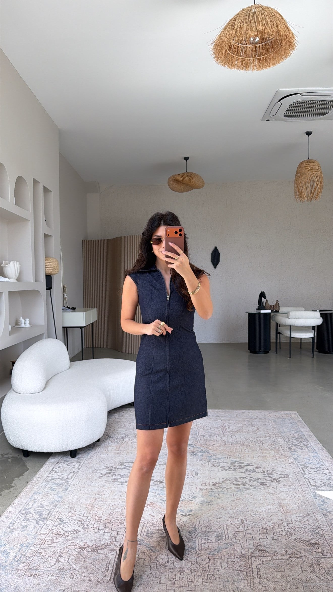 Yakalı Boy Fermuarlı Lacivert Denim Elbise