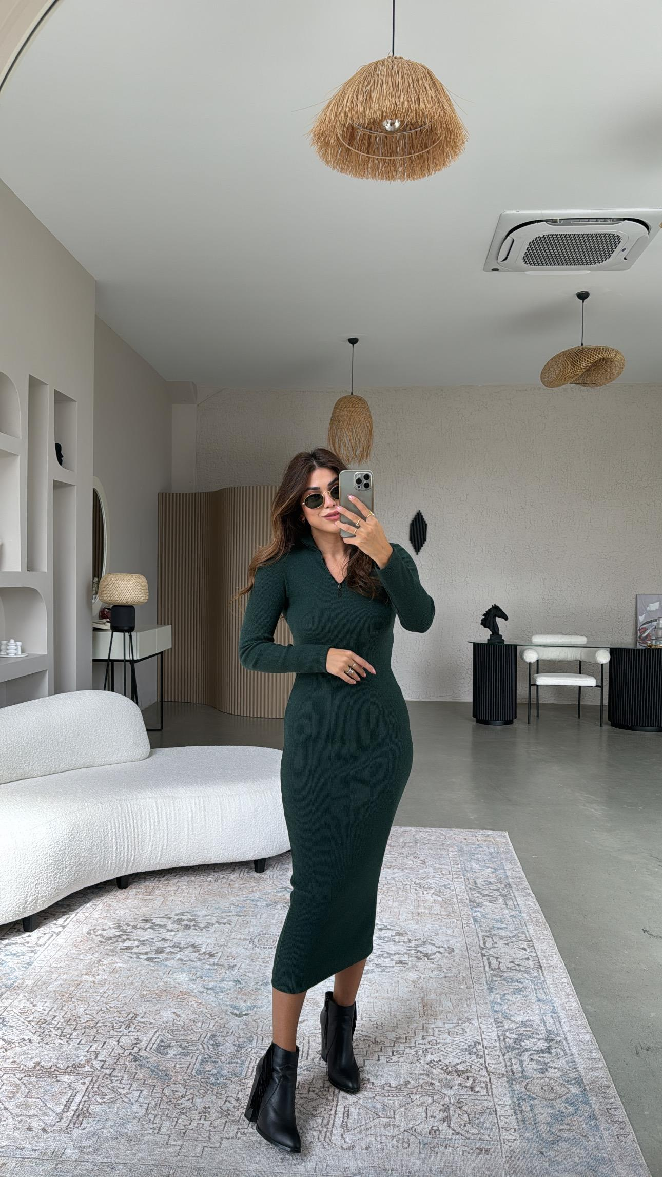 Yeşil Fermuarlı Triko Kalem Elbise