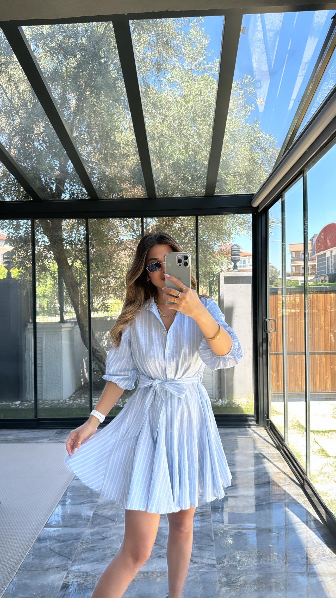 ZR Mavi Çizgili Keten Elbise