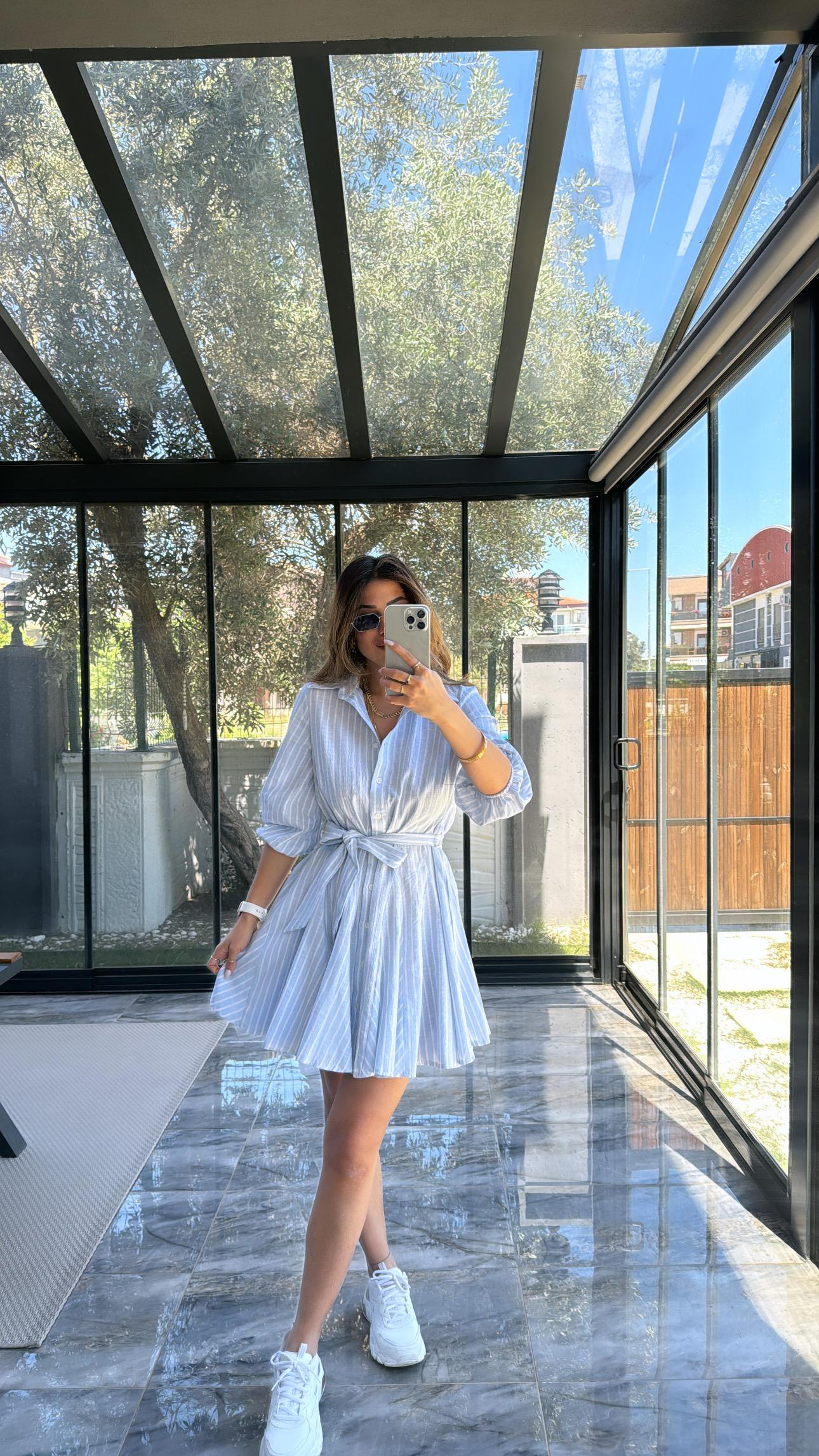 ZR Mavi Çizgili Keten Elbise