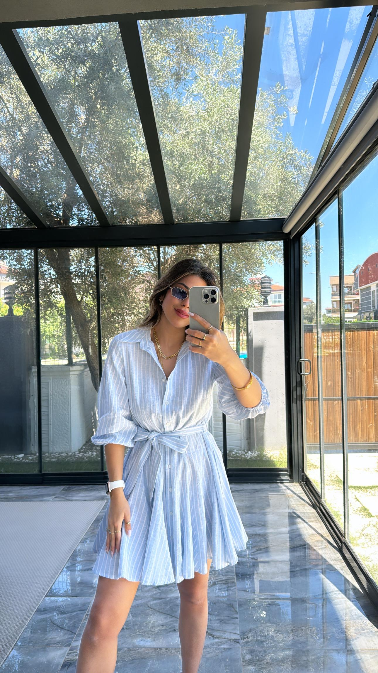 ZR Mavi Çizgili Keten Elbise