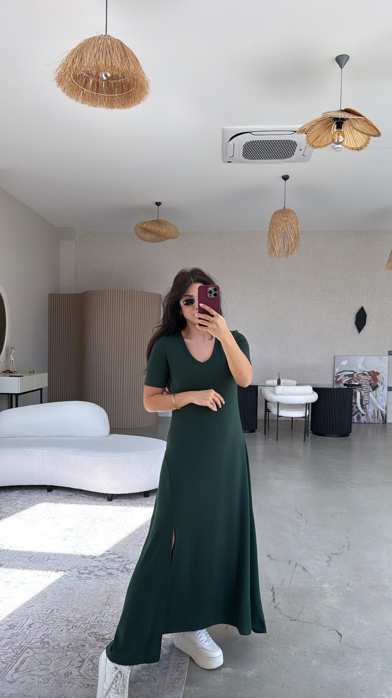 Zümrüt Kısa Kollu Yırtmaçlı Özel Üretim Elbise