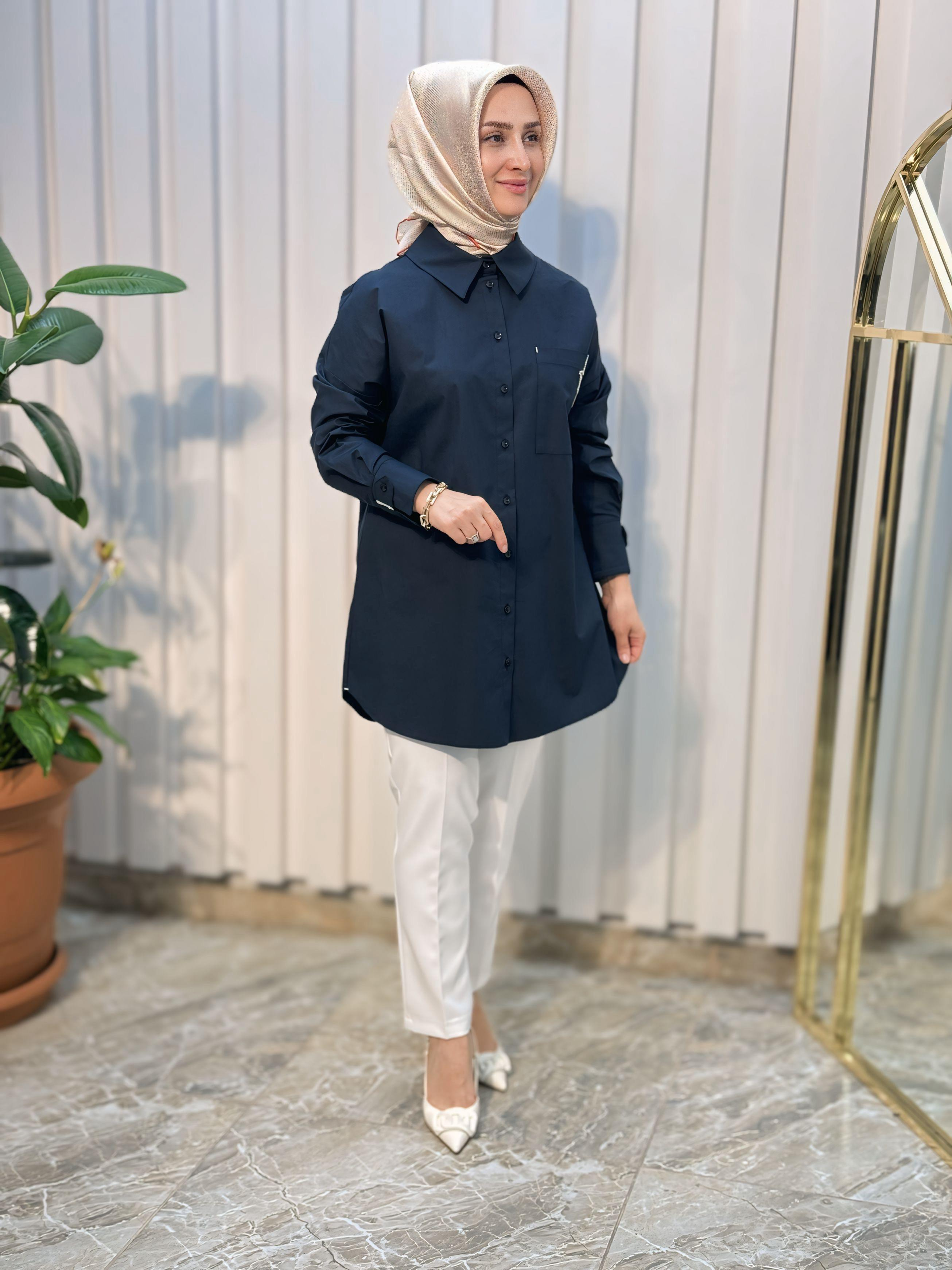 Aksesuar Detaylı Gömlek Yaka Tunik-11027