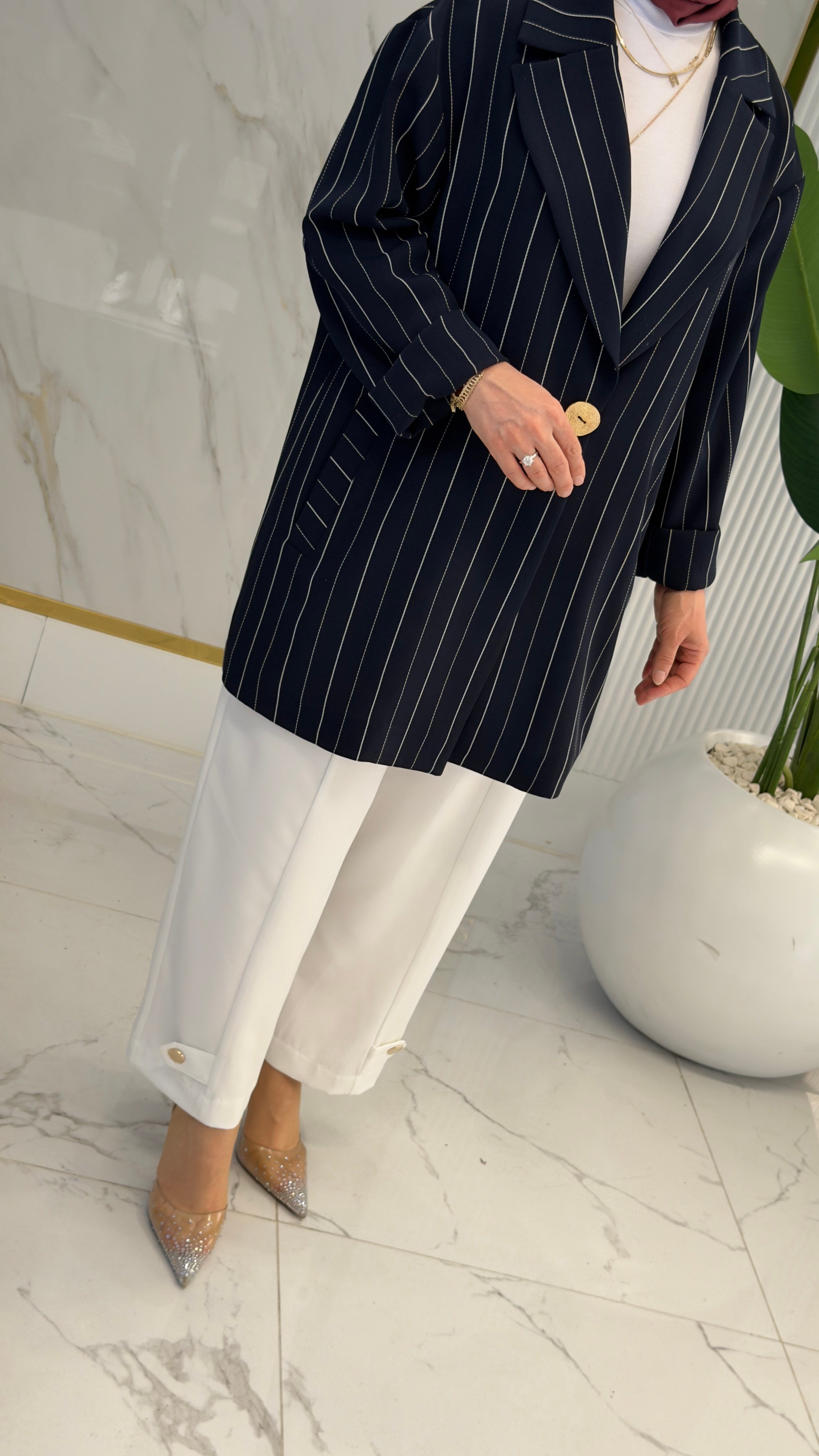 Armine Trend 26YT643 Çizgili Blazer Ceketli Pantolonlu Takım - Lacivert