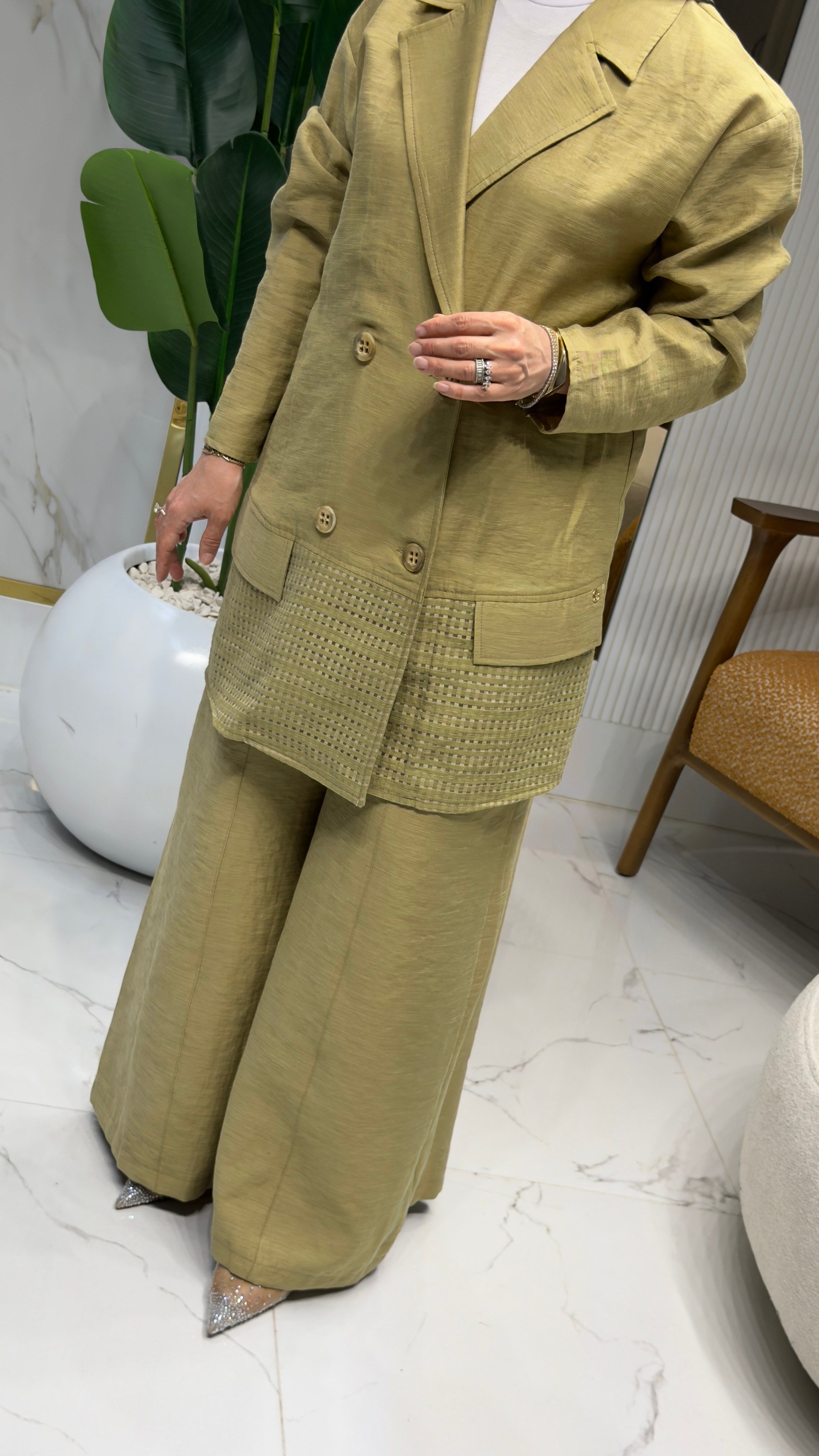 ARMİNE TREND BLAZER CEKETLİ FİLE DETAYLI PANTOLONLU TAKIM YAĞ YEŞİLİ- 26YT6151 