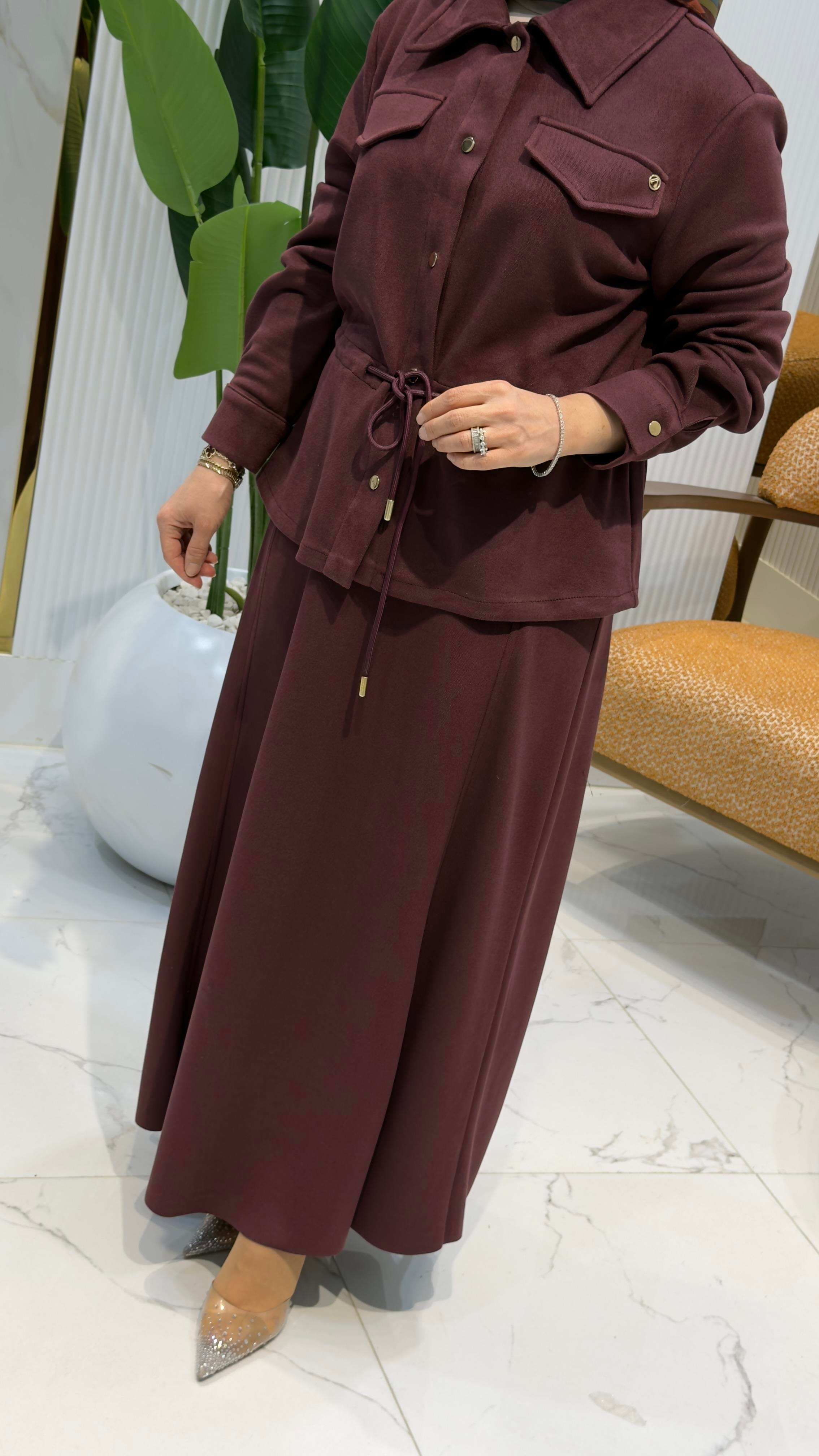 ARMİNE TREND ÇITÇITLI BEL BÜZGÜLÜ ETEKLİ TAKIM MÜRDÜM - 25KT659