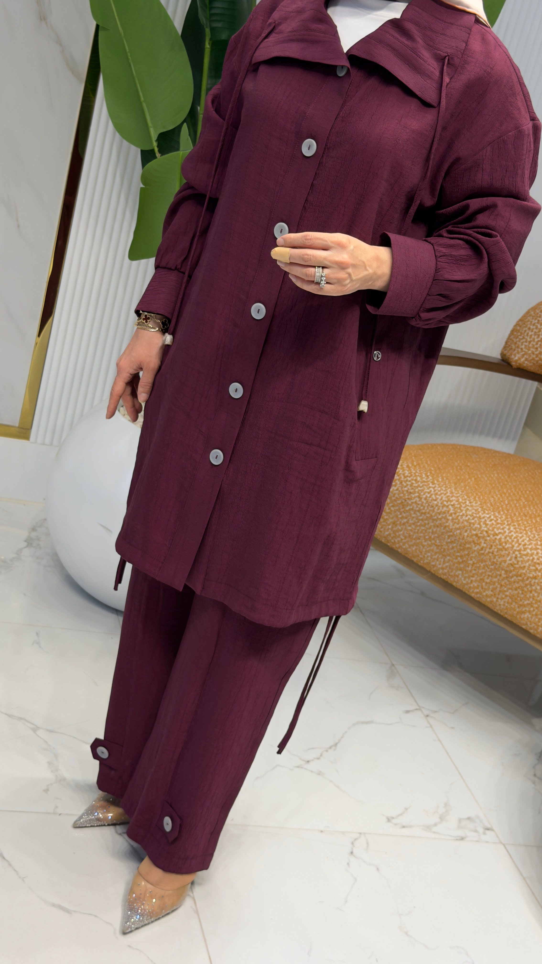 ARMİNE TREND DÜĞME DETAYLI PANTOLONLU TAKIM VİŞNE -26YT658