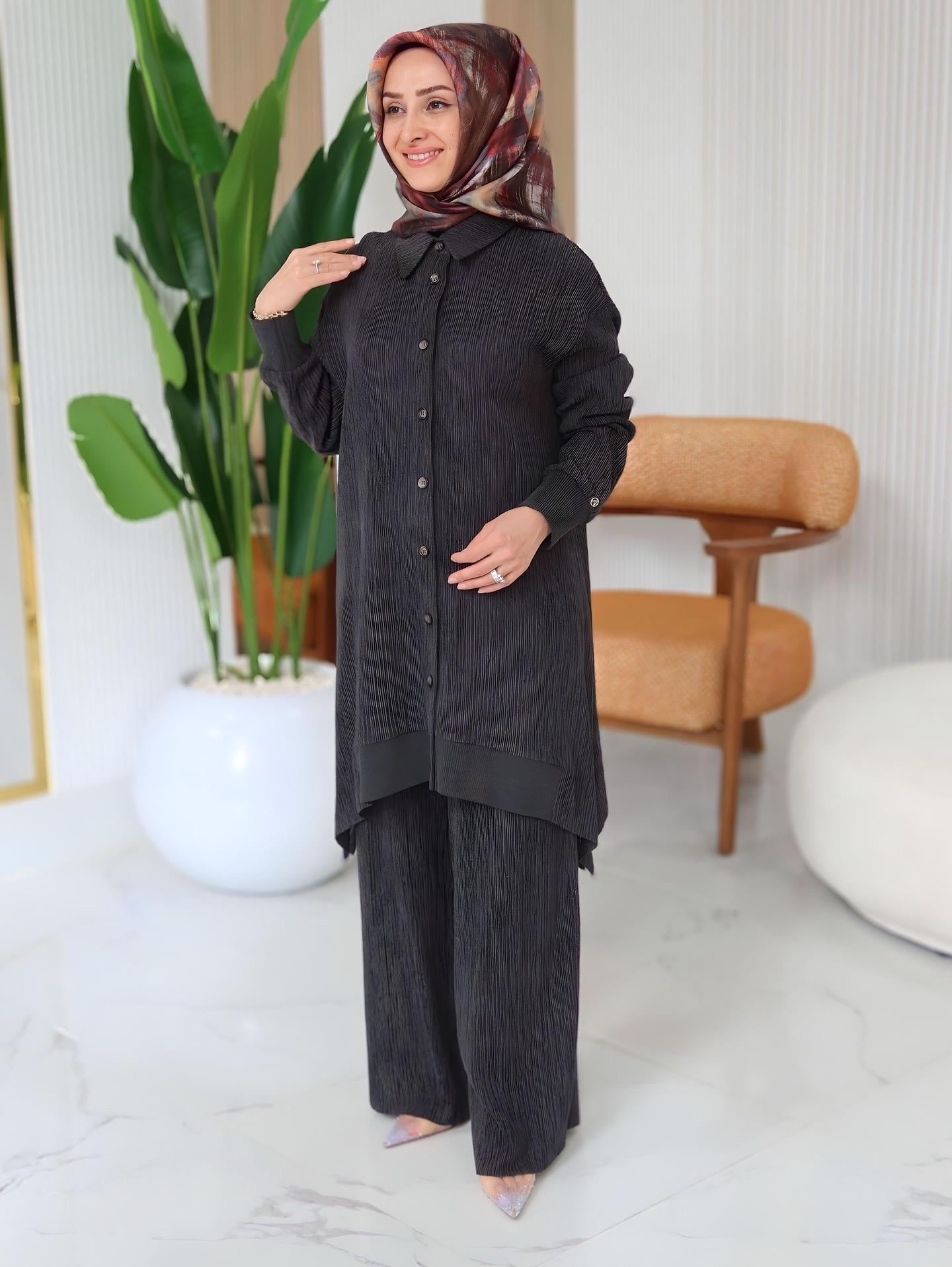 ARMİNE TREND Kolları Ribanalı Gömlek Yakalı Pantolonlu Takım-Kahverengi 24KT652