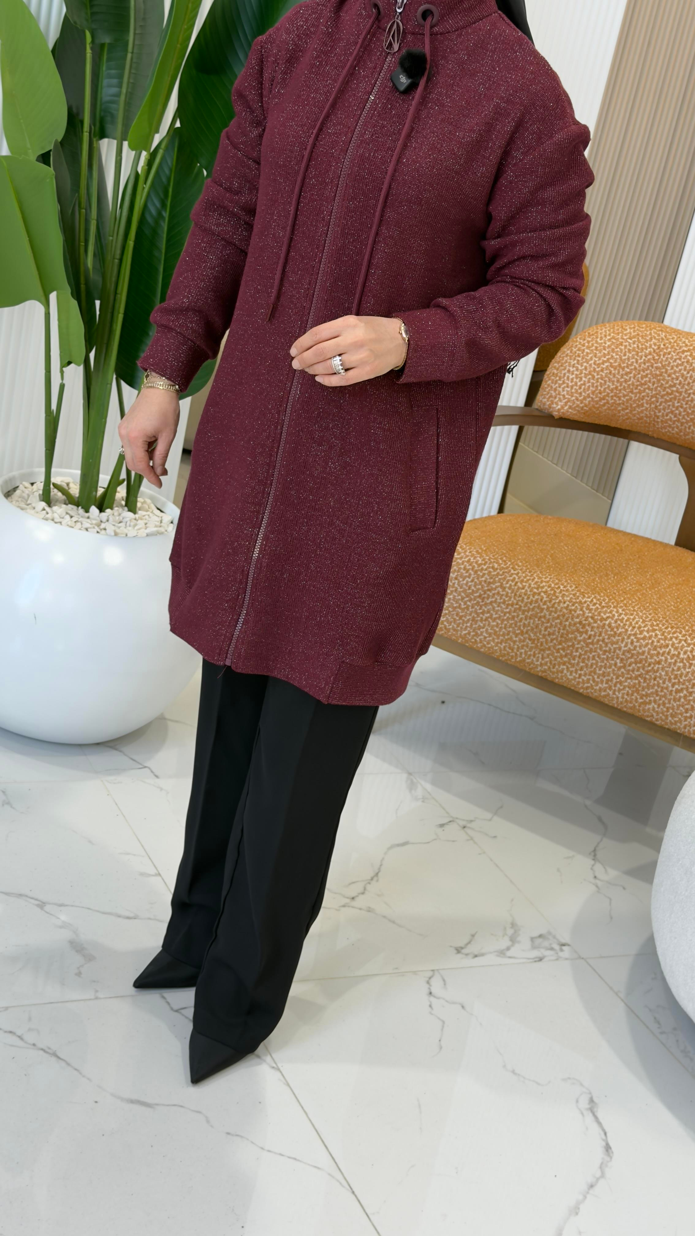 ARMİNE TREND KUŞGÖZÜ DETAYLI FİTİLLİ SİMLİ CEKET VİŞNE - 25KT555