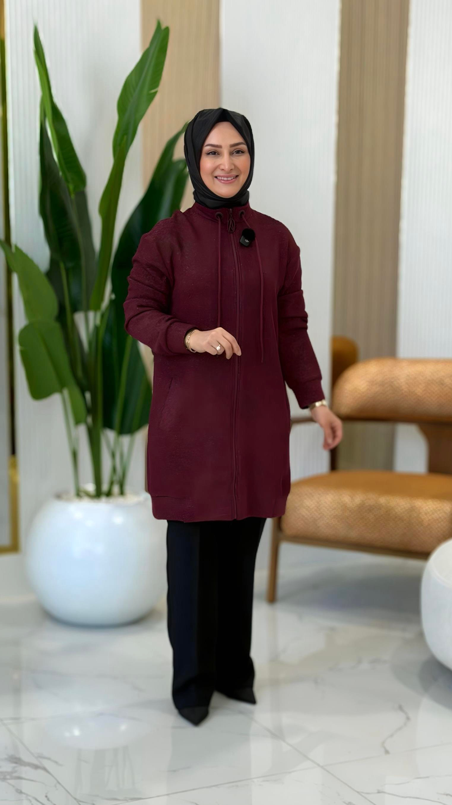 ARMİNE TREND KUŞGÖZÜ DETAYLI FİTİLLİ SİMLİ CEKET VİŞNE - 25KT555