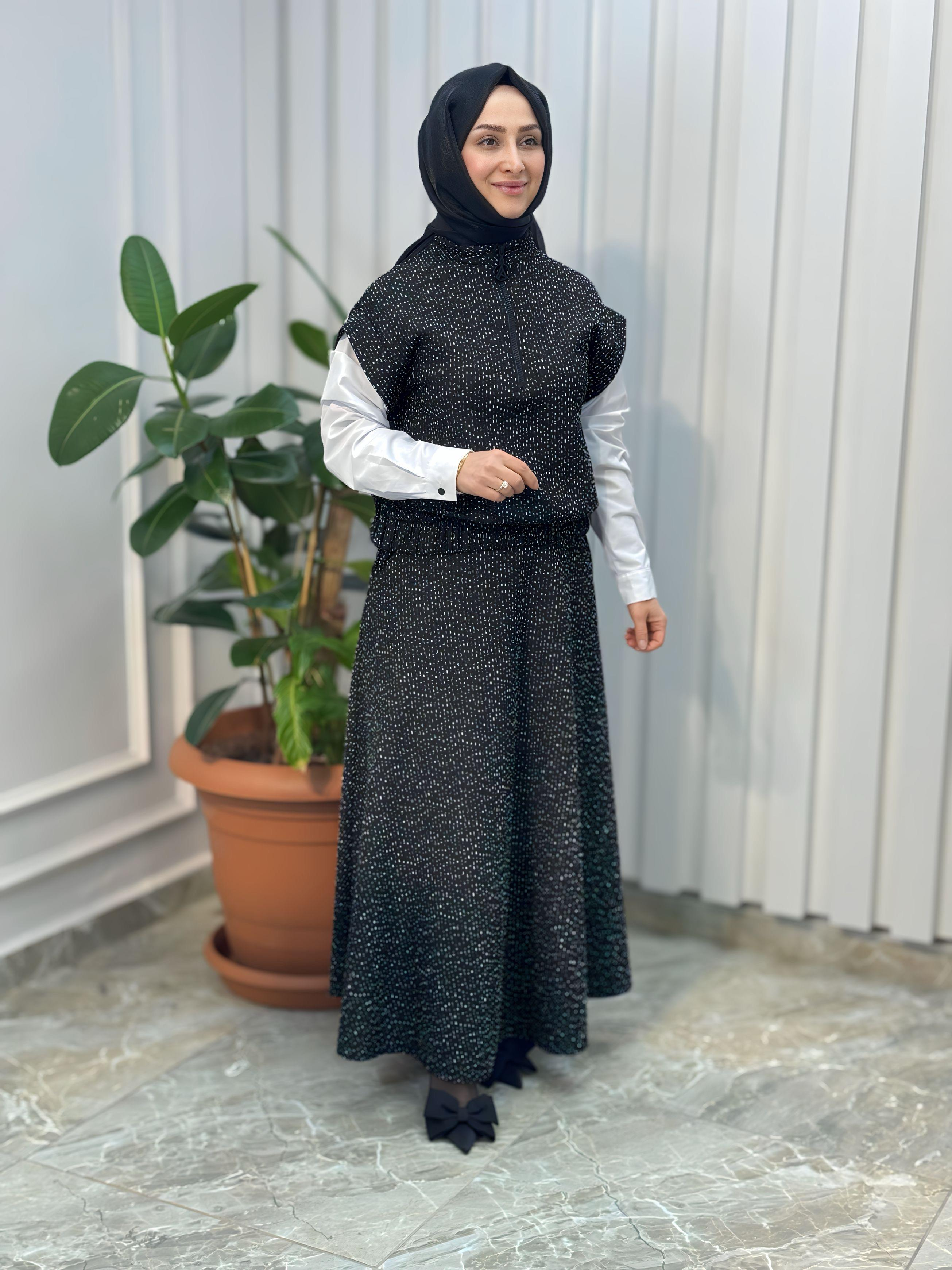 ARMİNE TREND Nope Kumaş Etekli İkili Takım Siyah 24KT638