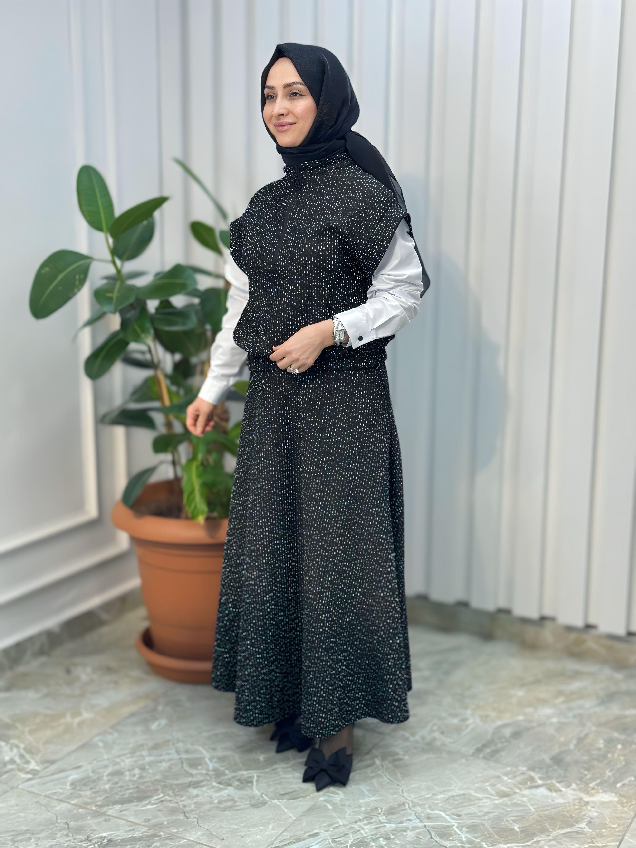 ARMİNE TREND Nope Kumaş Etekli İkili Takım Siyah 24KT638
