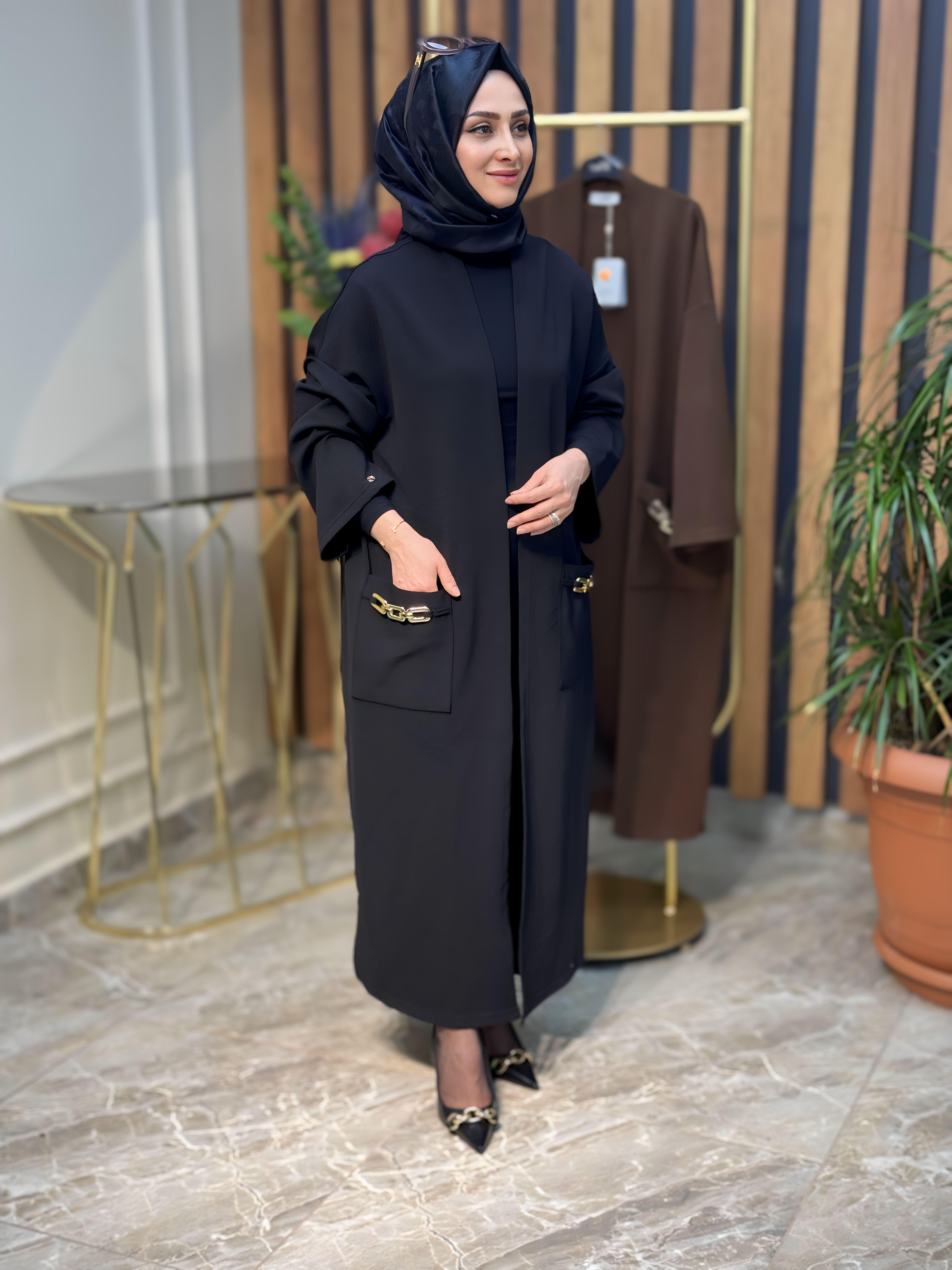 ARMİNE TREND ÖRME KUMAŞ CEPLERİ ZİNCİR DETAYLI HIRKA-23KT525