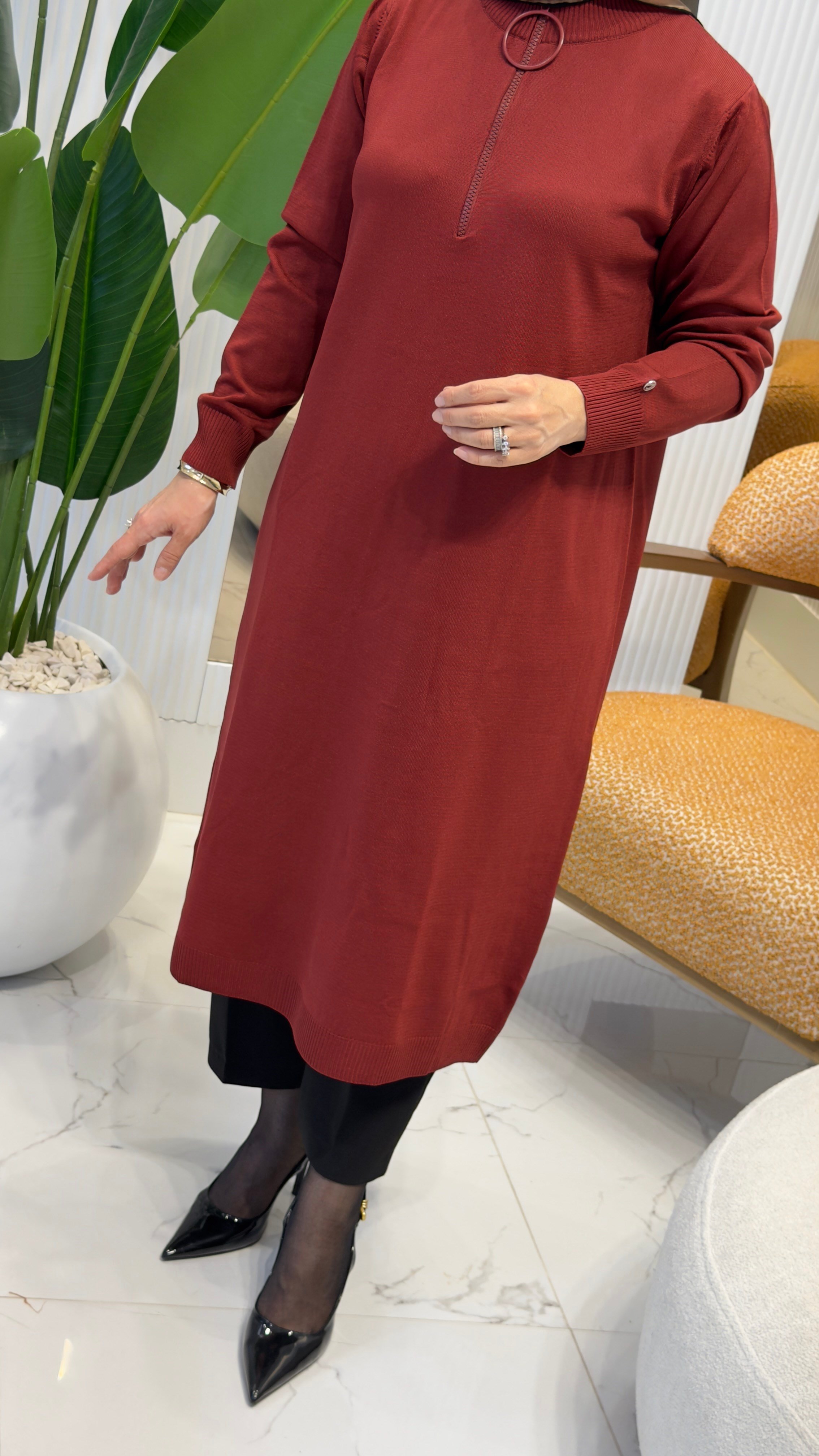 ARMİNE TREND YARIM FERMUAR DETAY TUNİK BORDO- 25KTD4113