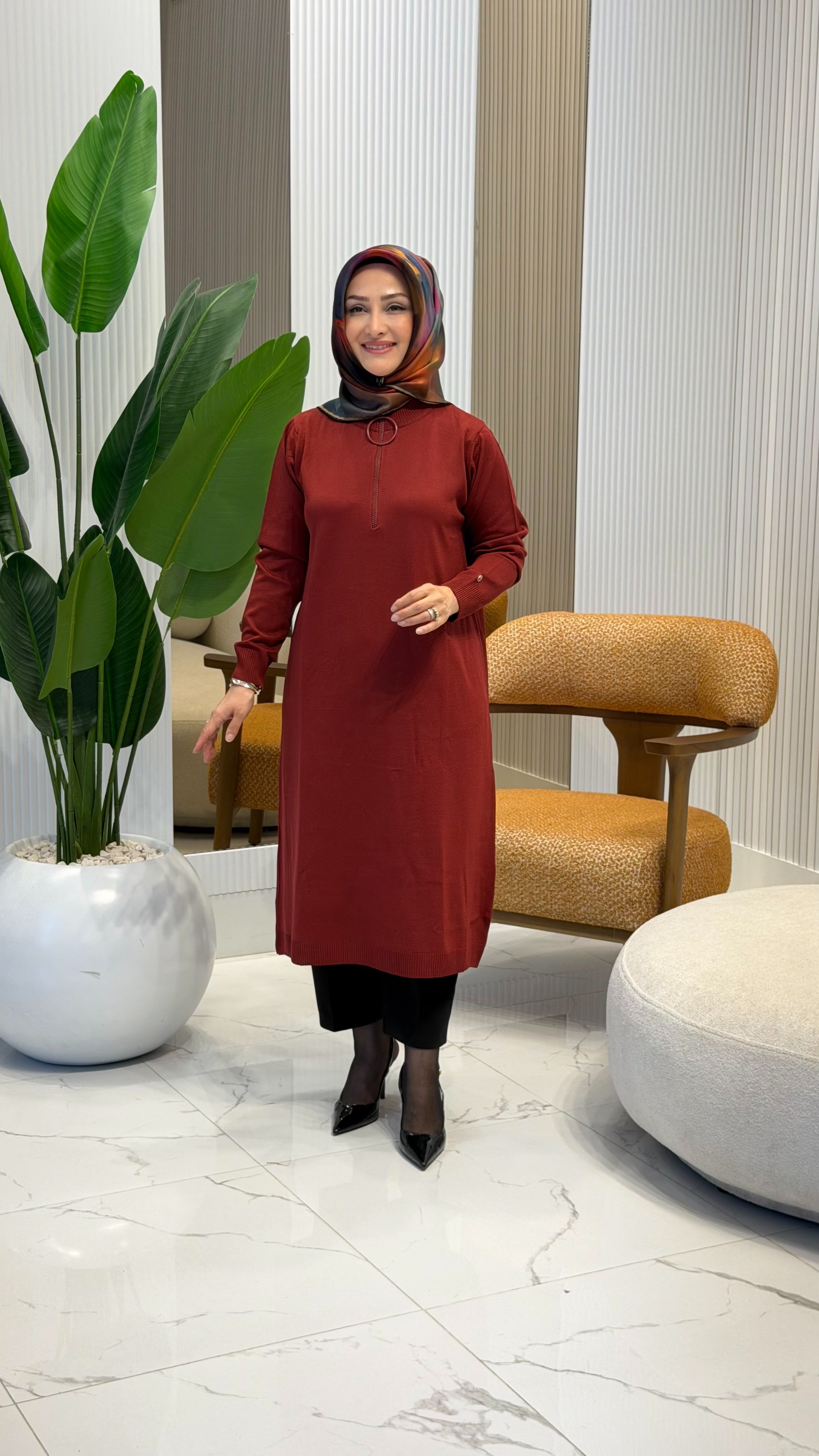 ARMİNE TREND YARIM FERMUAR DETAY TUNİK BORDO- 25KTD4113