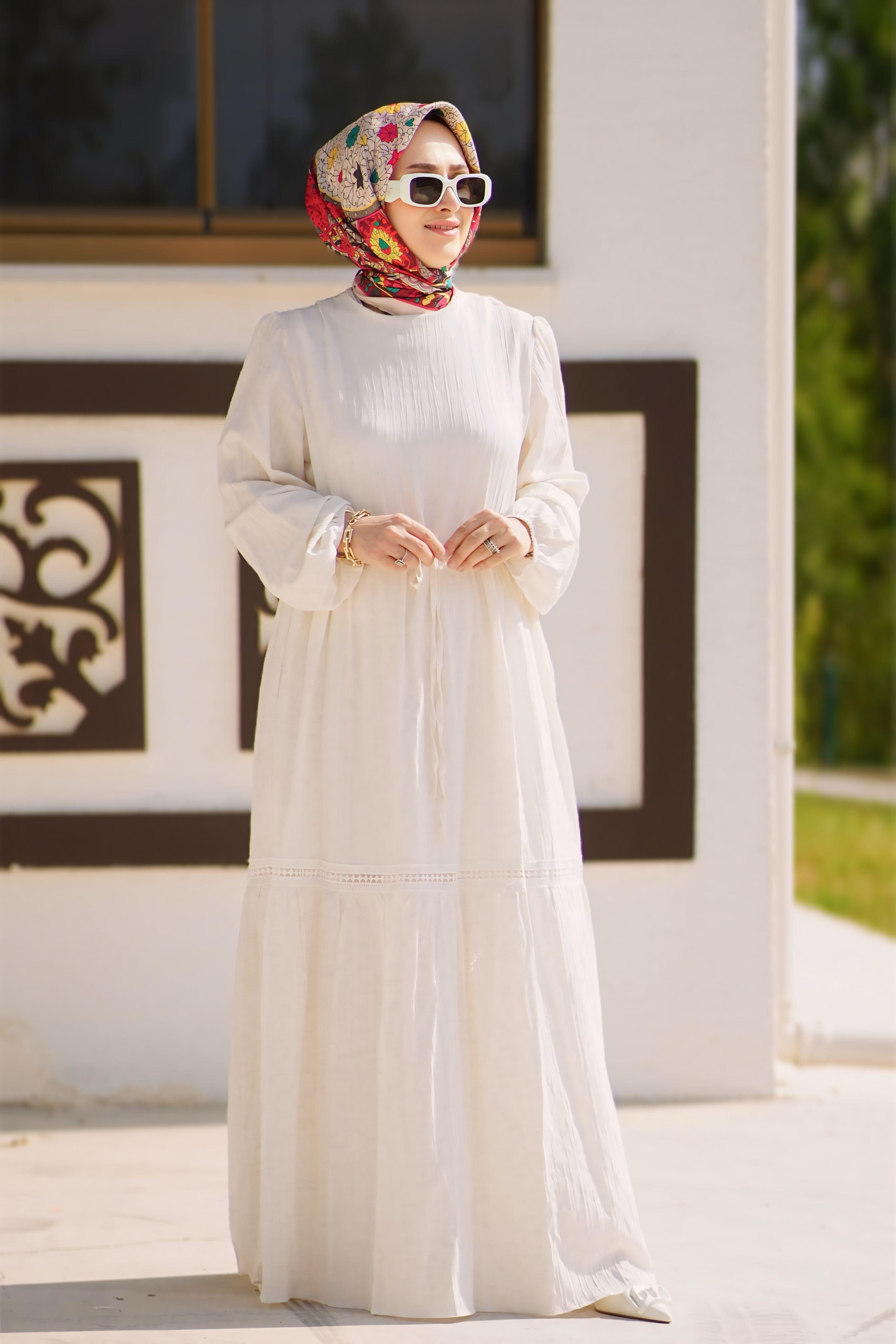 BELİ BÜZGÜLÜ ETEĞİ DANTEL DETAYLI ELBİSE -0011