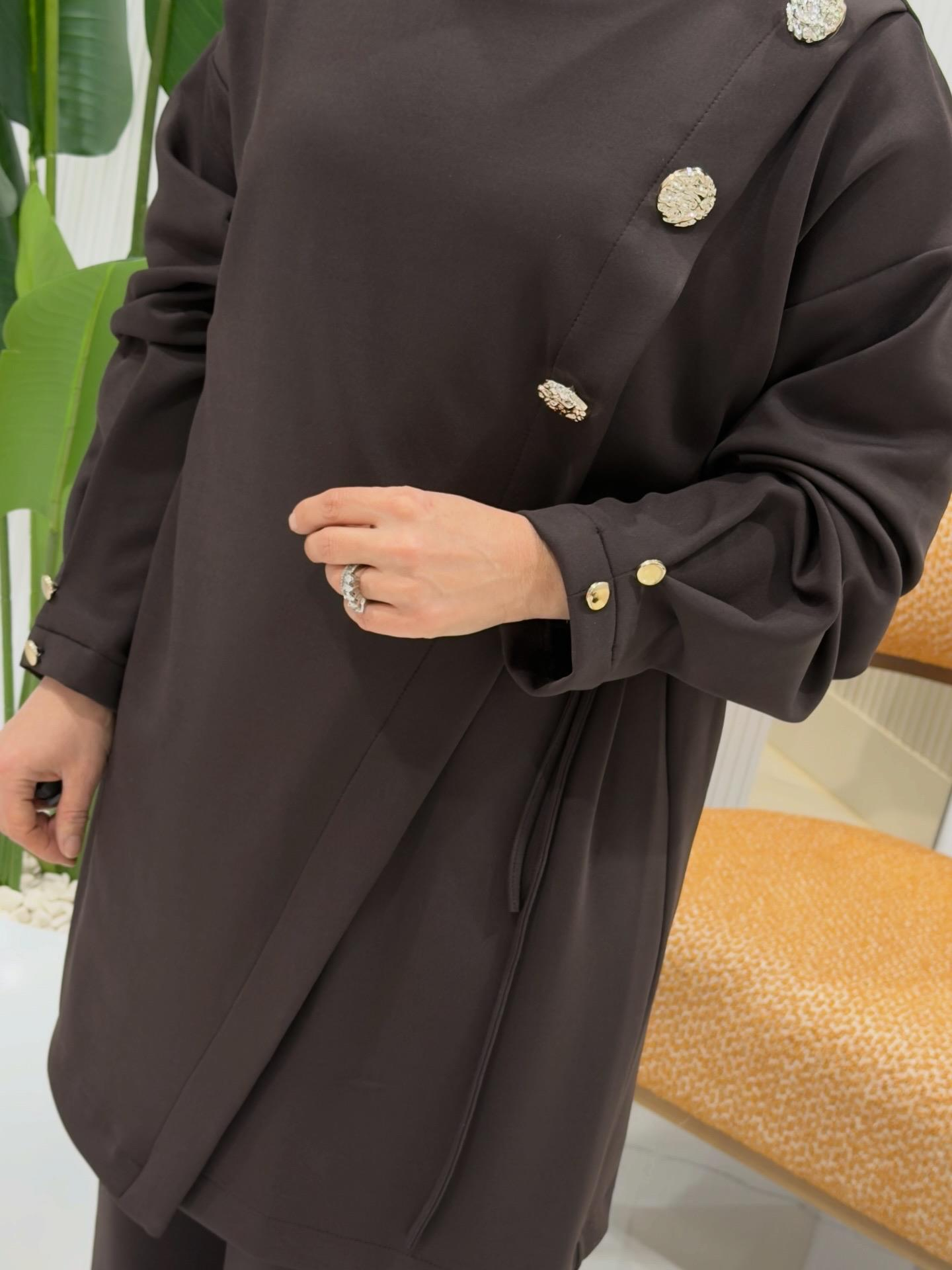 BELLİ VEREV KESİM TUNİK PANTOLONLU TAKIM KAHVE- 26K008