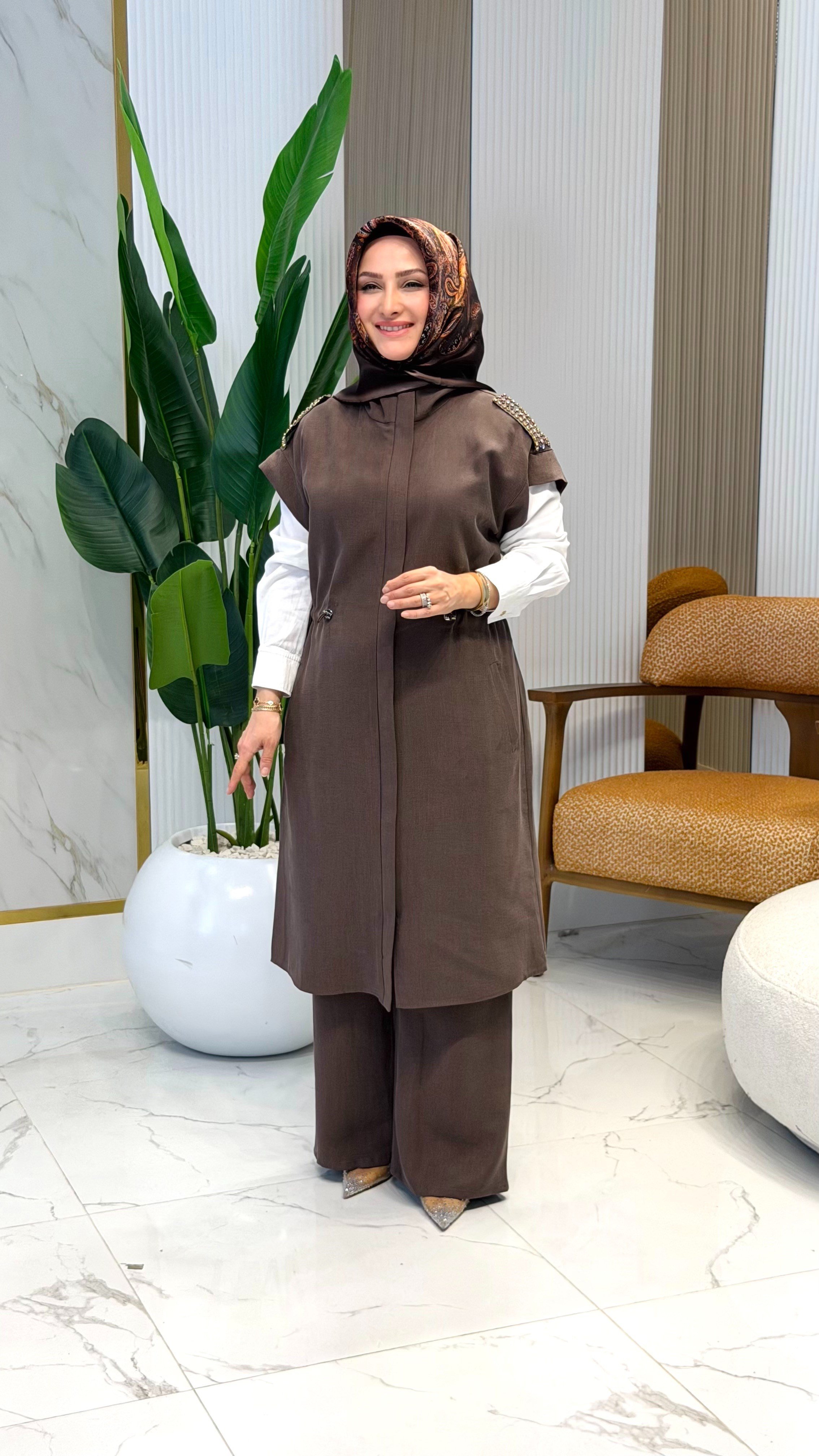 HAYA APOLETLİ YELEKLİ TAKIM KAHVE -1731