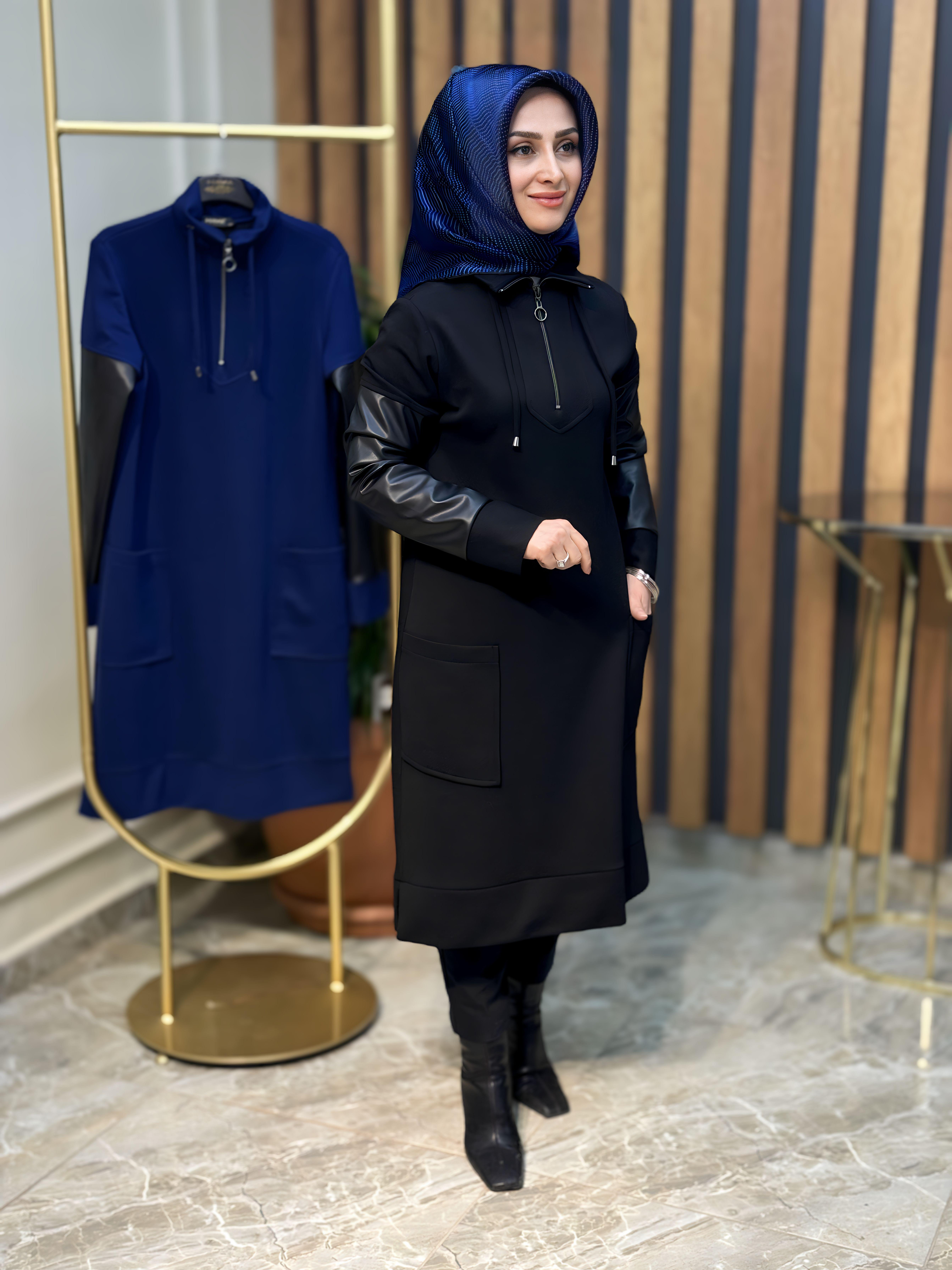 HAYA DERİ GARNİLİ,YAKA FERMUARLI CEPLİ TUNİK-A1245