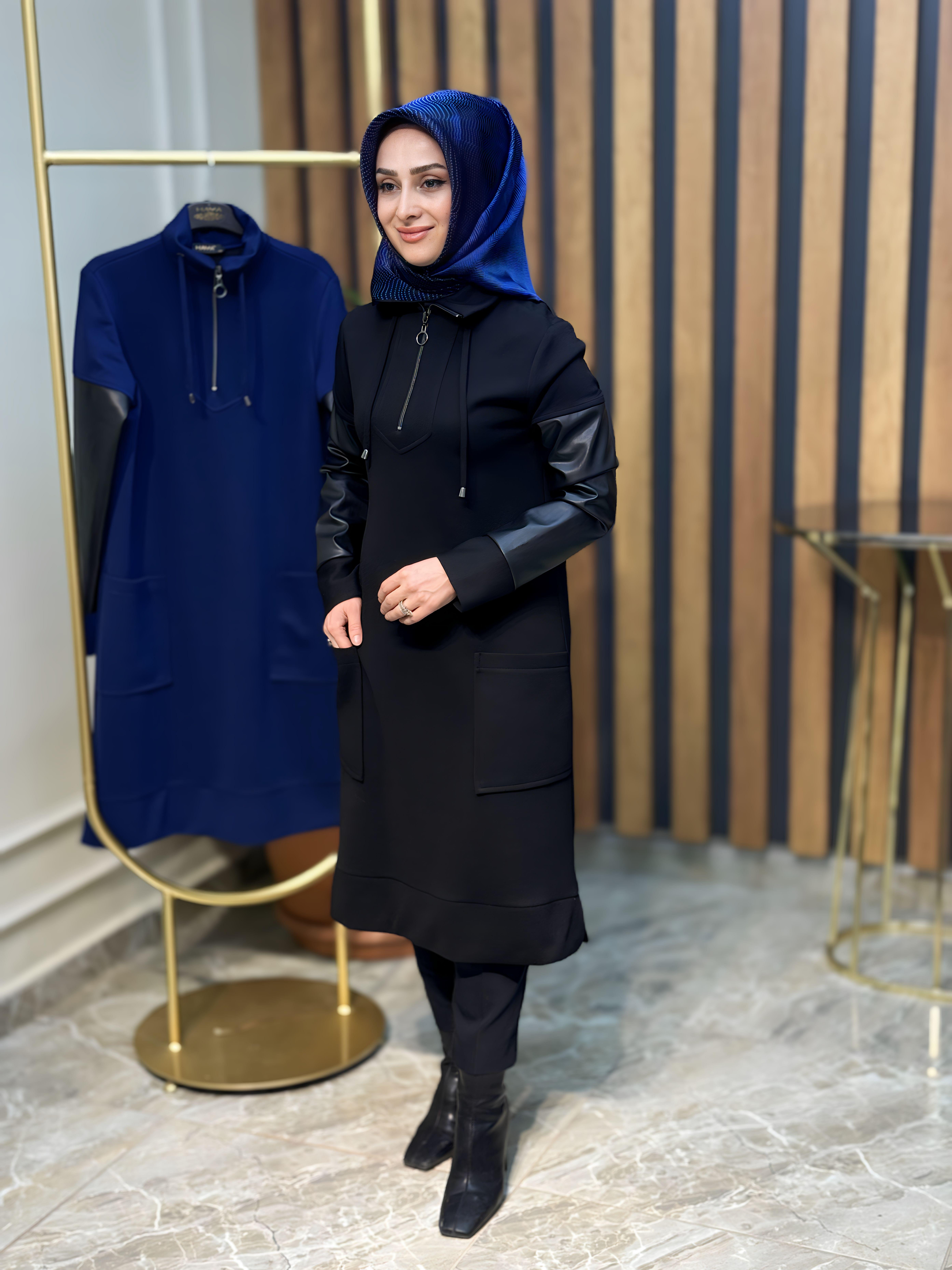HAYA DERİ GARNİLİ,YAKA FERMUARLI CEPLİ TUNİK-A1245