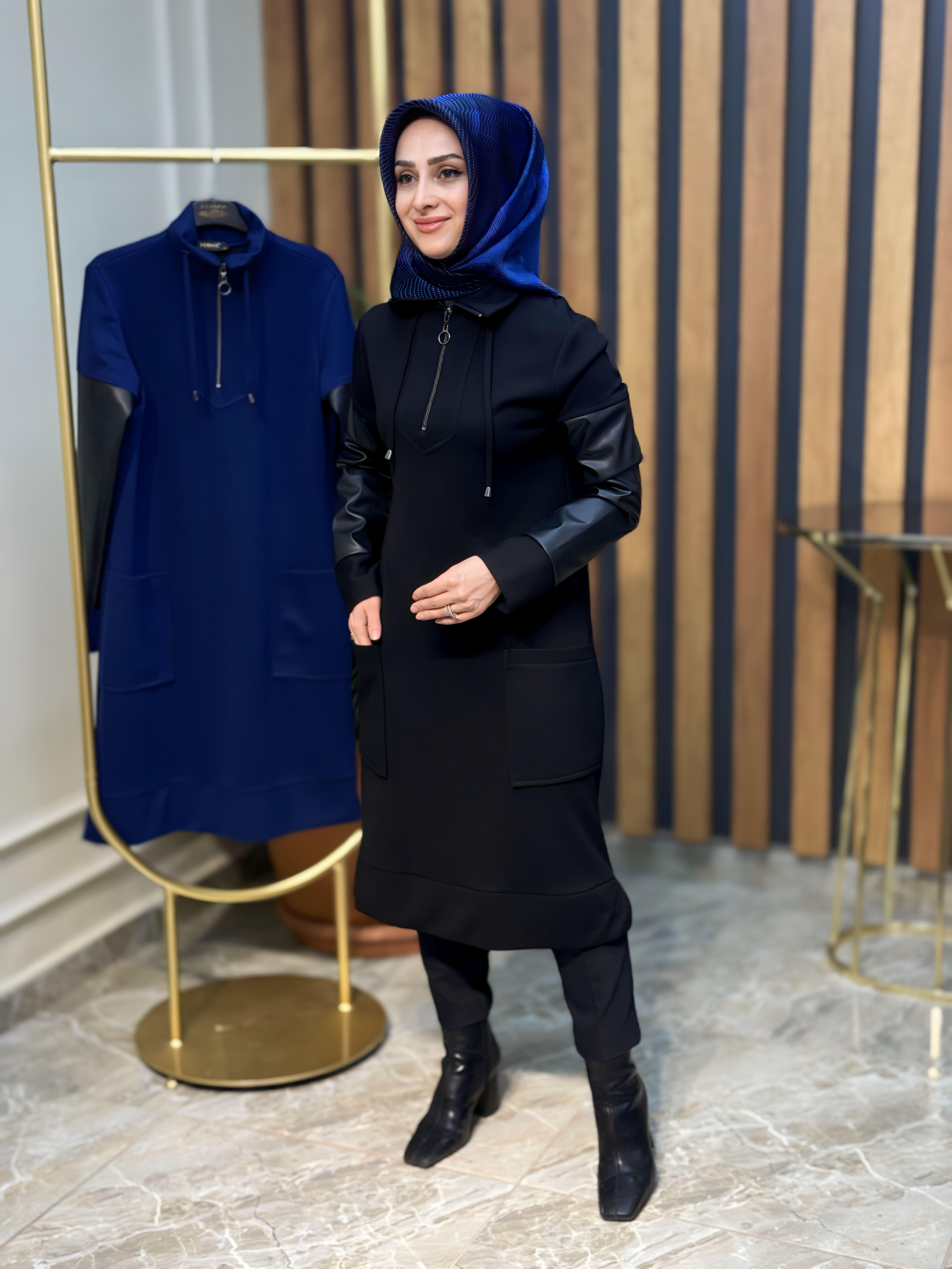 HAYA DERİ GARNİLİ,YAKA FERMUARLI CEPLİ TUNİK-A1245