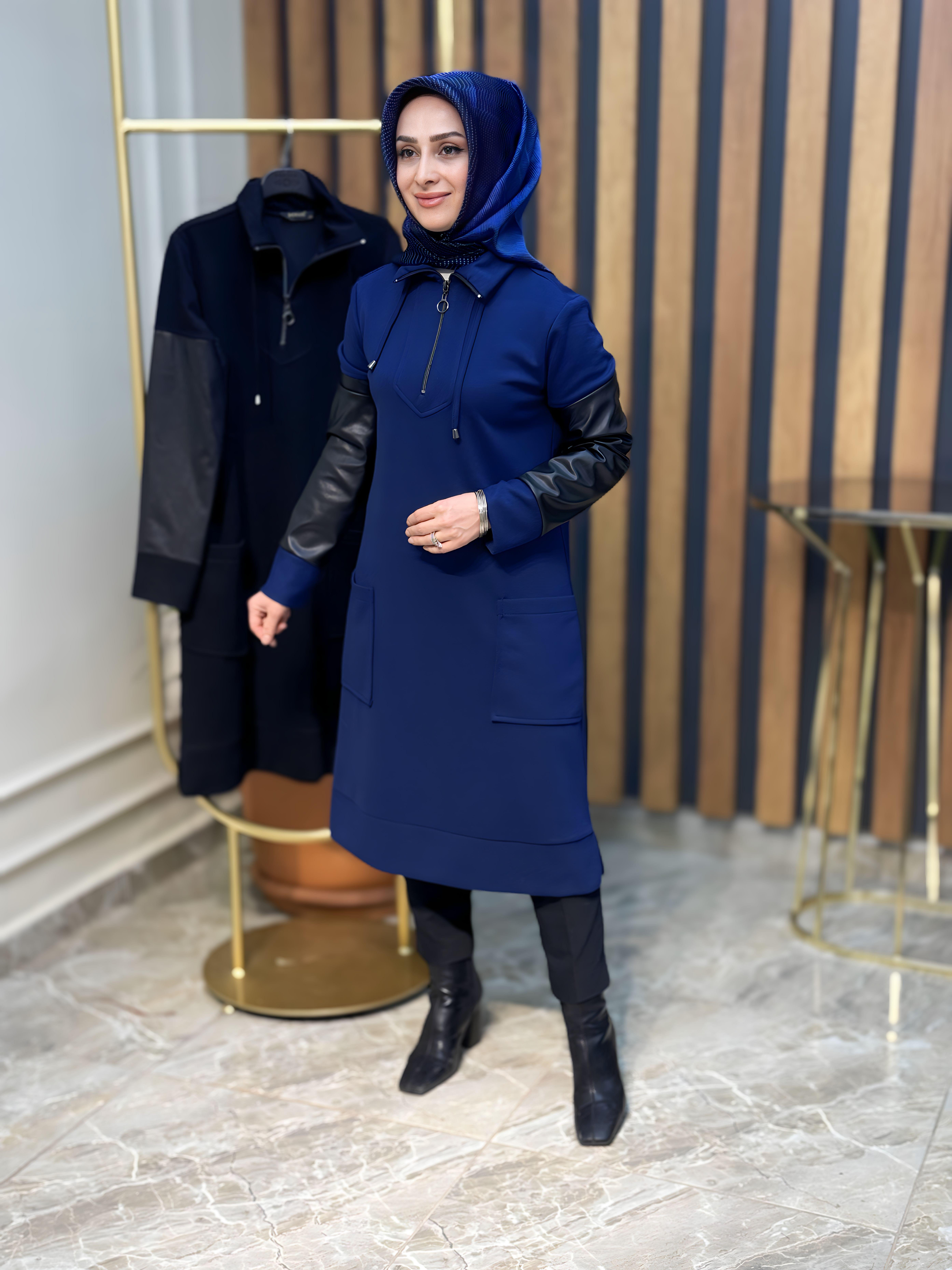 HAYA DERİ GARNİLİ,YAKA FERMUARLI CEPLİ TUNİK-A1245