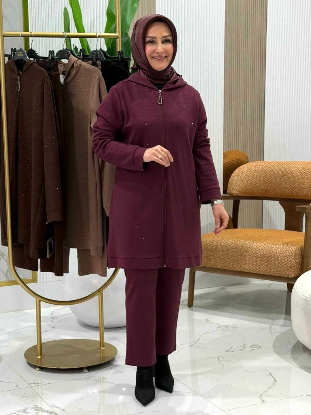 HAYA KAPÜŞONLU TAŞLI PANTOLONLU TAKIM BORDO- 1642