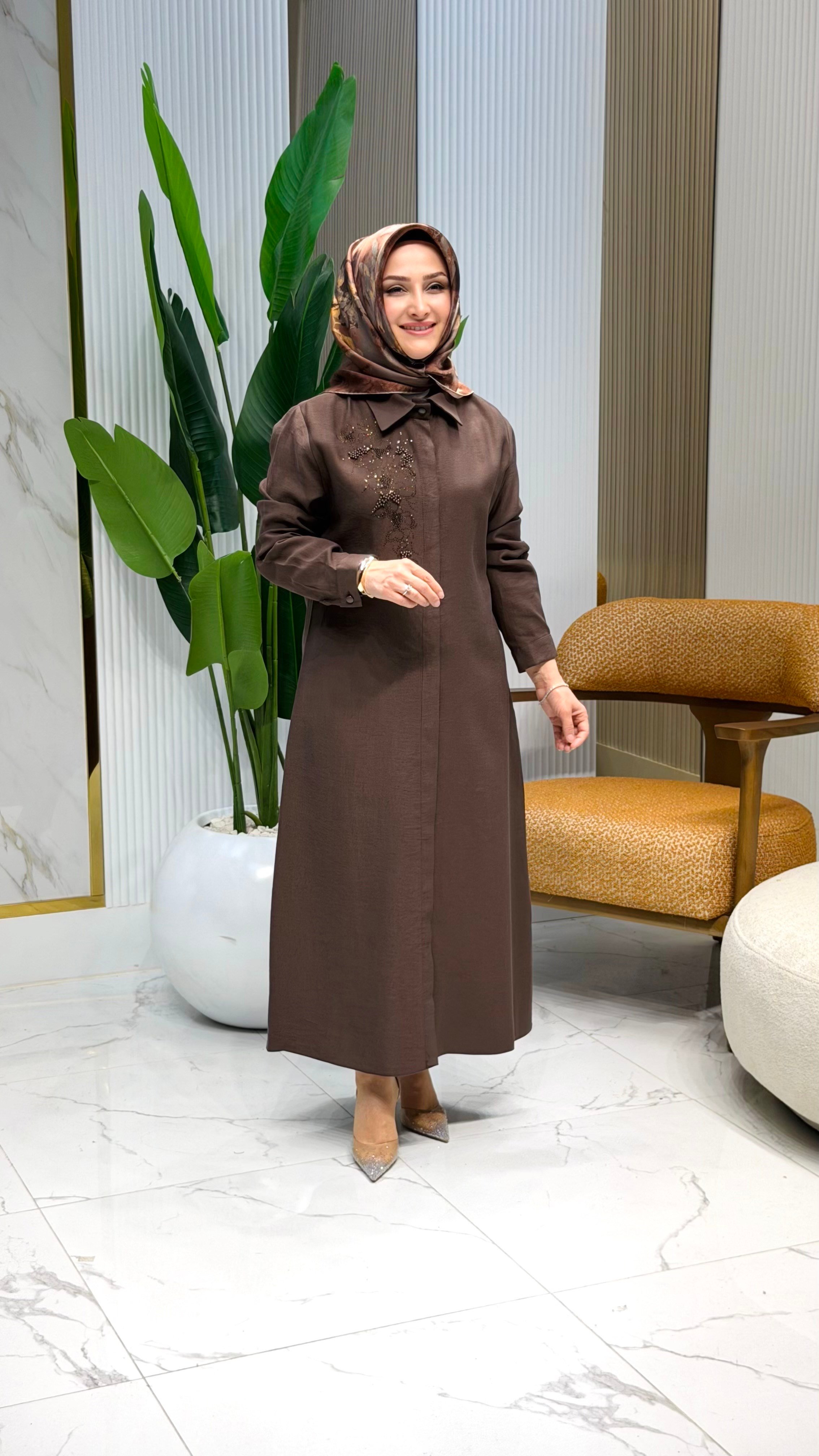 HAYA SIRTI TAŞ DETAYLI TUNİK KAHVE - 1730