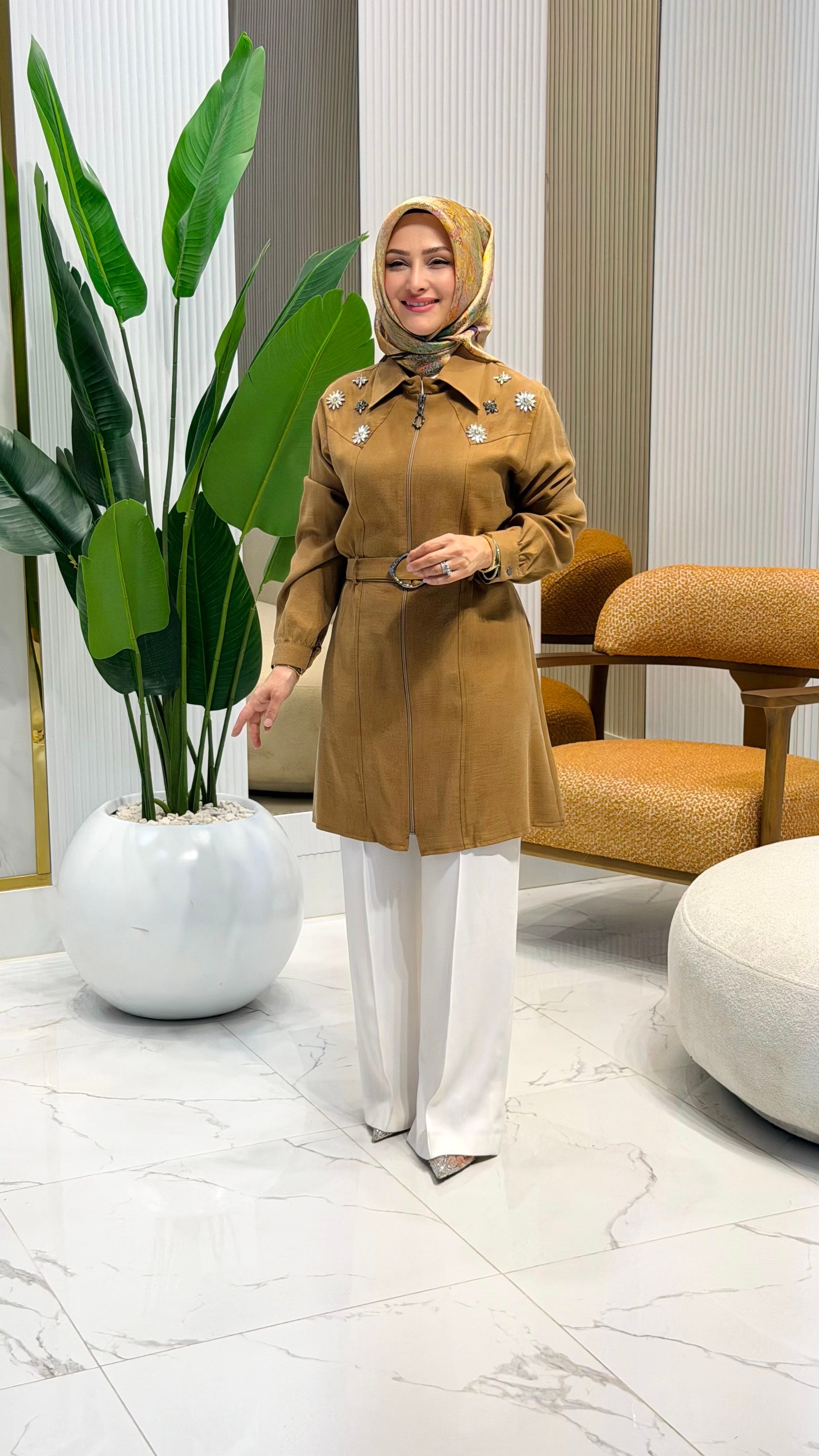 HAYA TAŞ DETAYLI KEMERLİ CEKET HARDAL- 1704