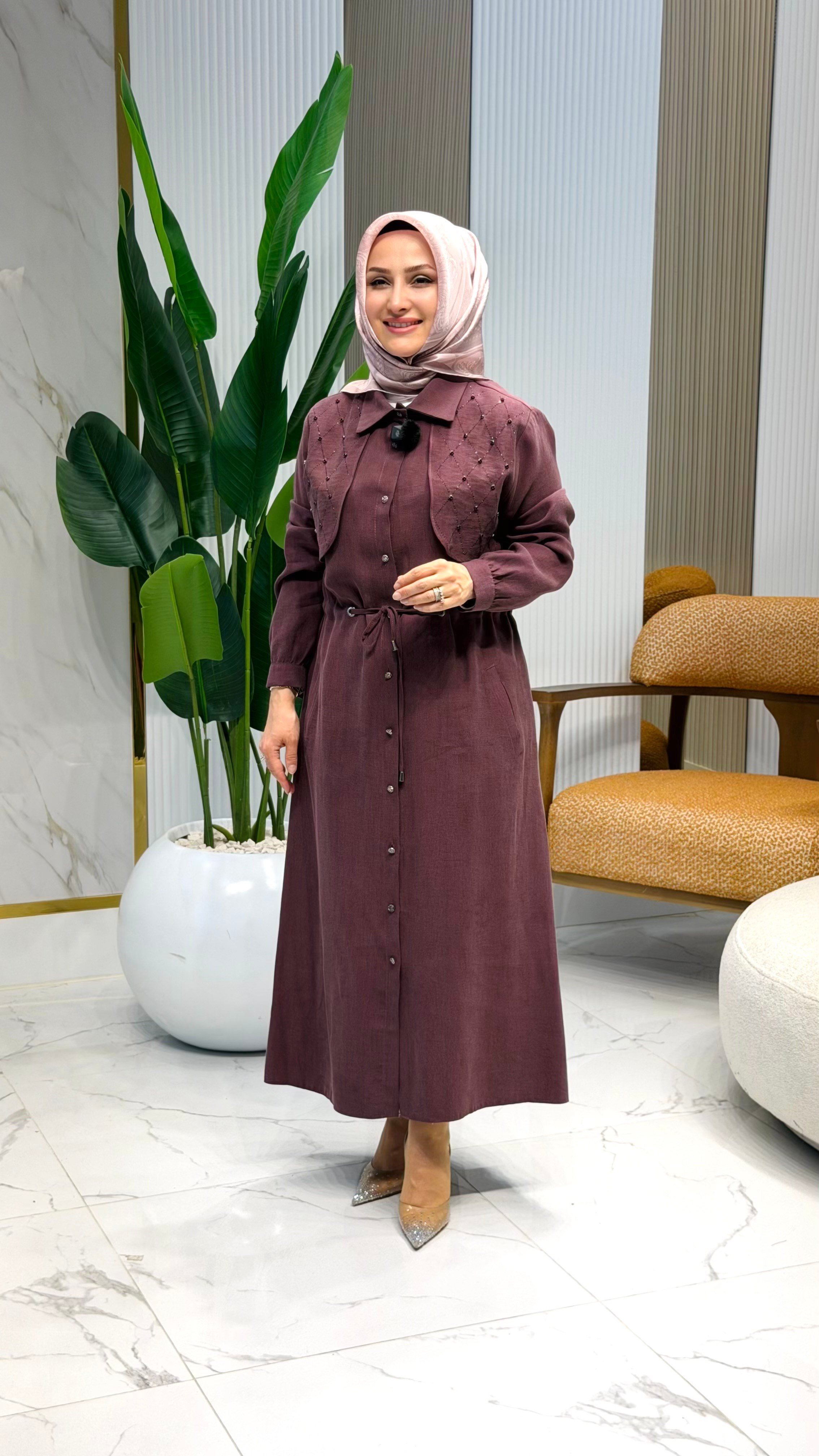 HAYA YAKA TAŞ DETAYLI GİYÇIK TUNİK MÜRDÜM - A1707