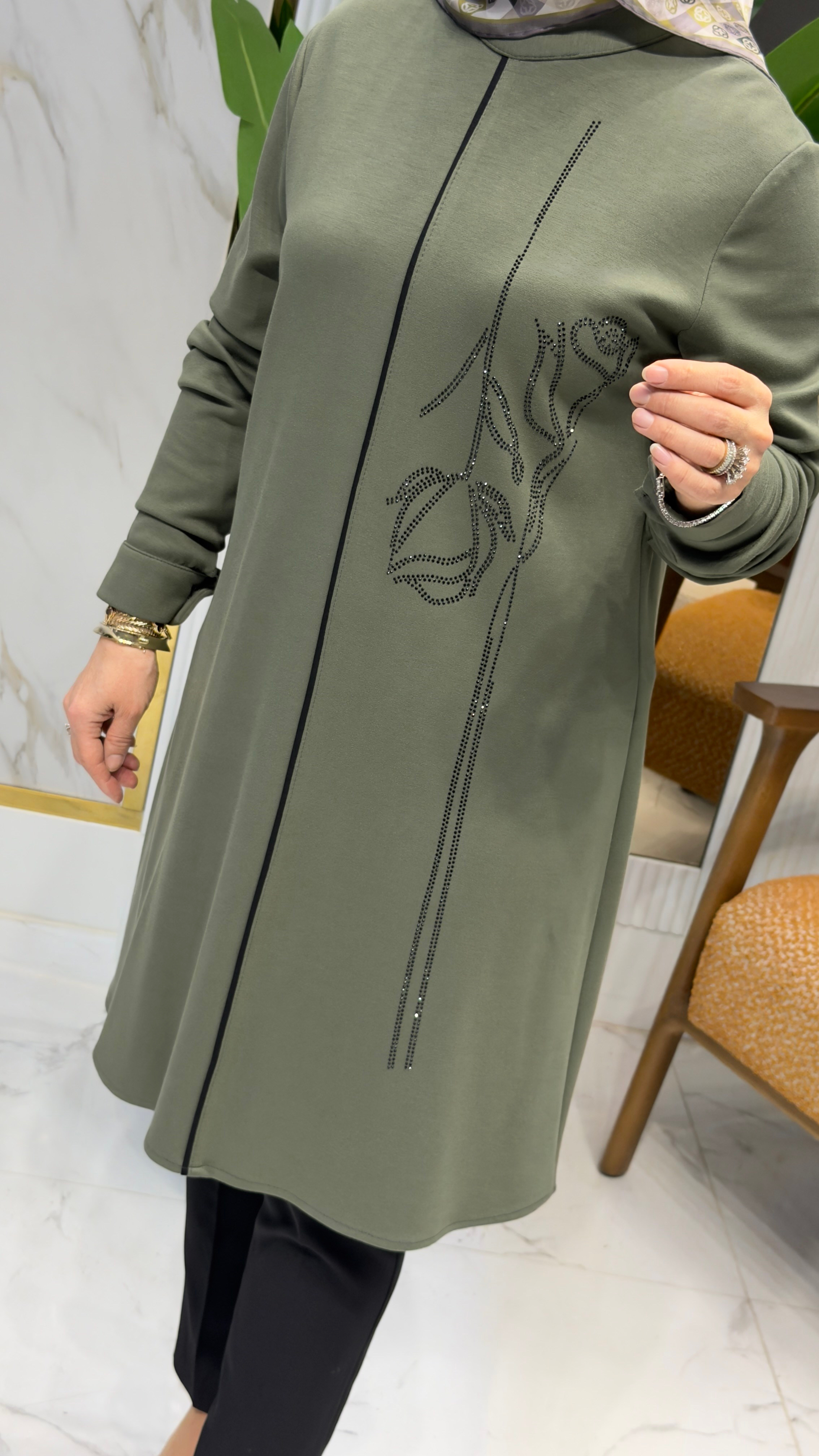 HAYA YAKA TAŞLI BİYELİ TUNİK A1618 HAKİ