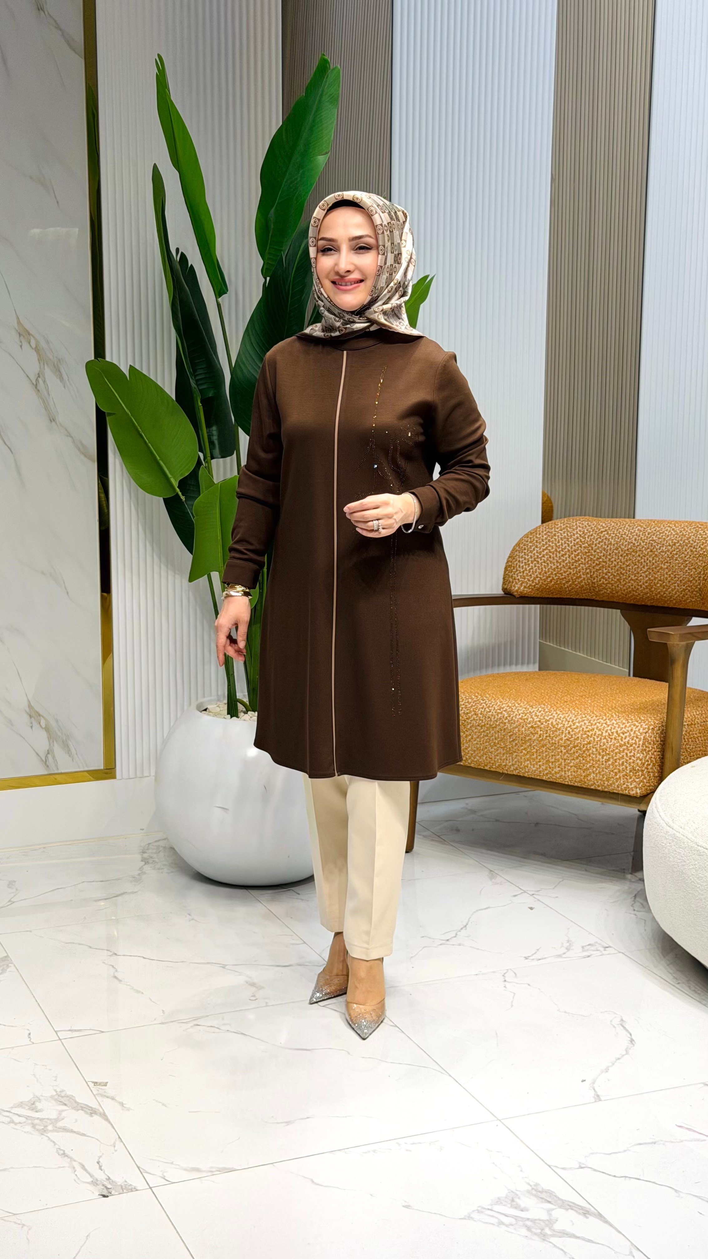 HAYA YAKA TAŞLI BİYELİ TUNİK A1618 KAHVE