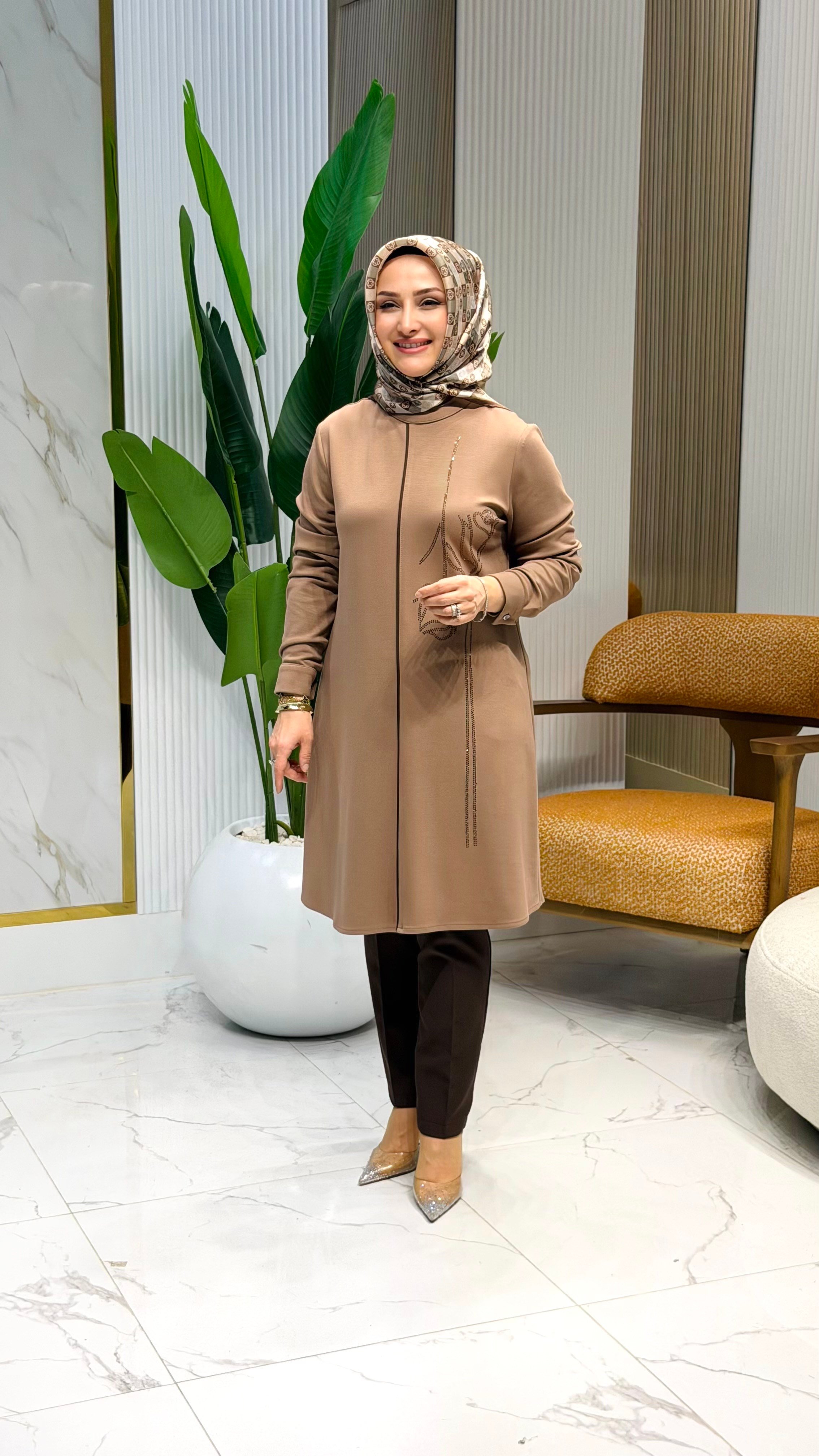HAYA YAKA TAŞLI BİYELİ TUNİK A1618 VİZON