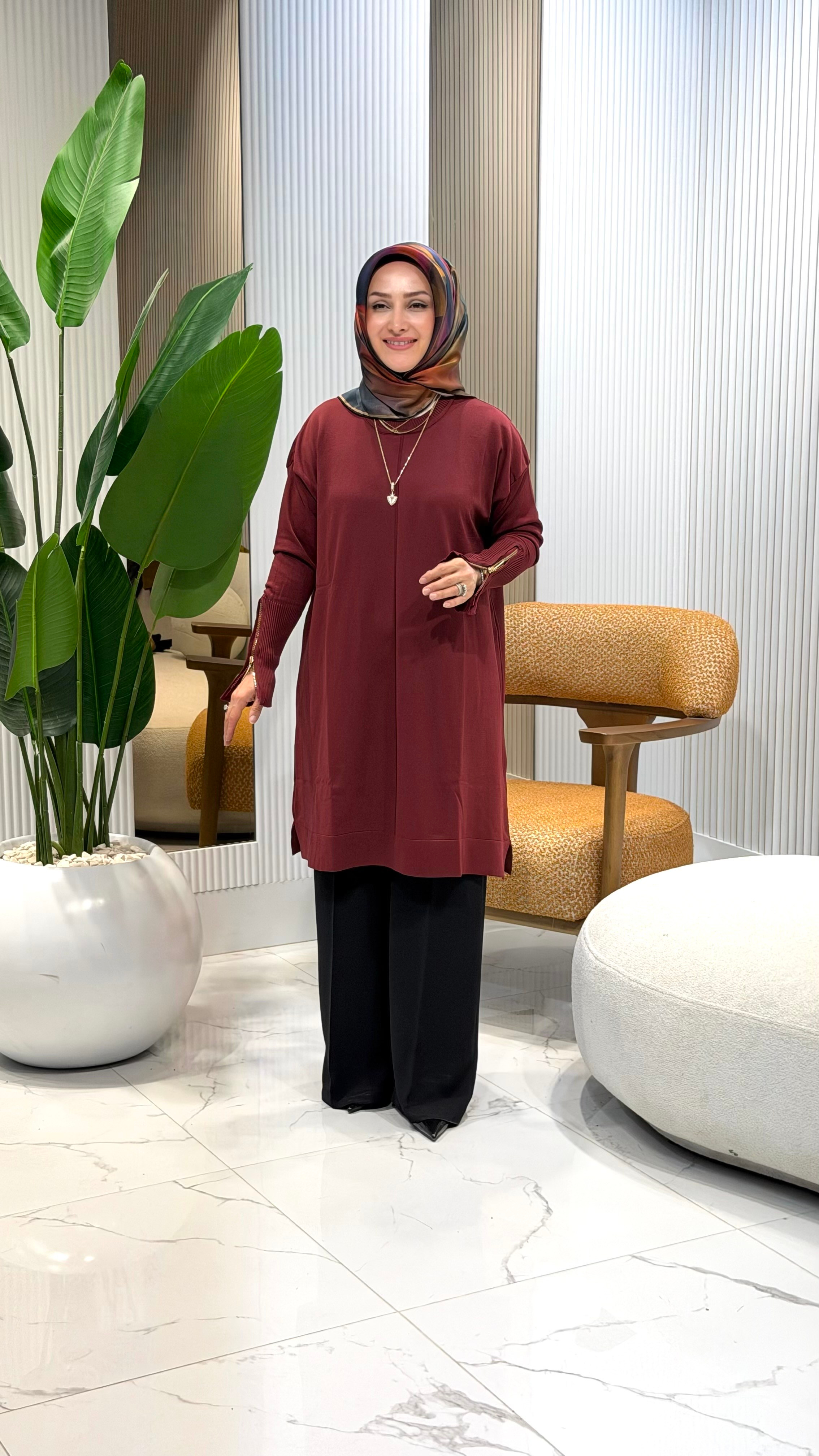 KADO KOL FERMUAR DETAYLI MERSERİZE TUNİK BORDO- 2725017