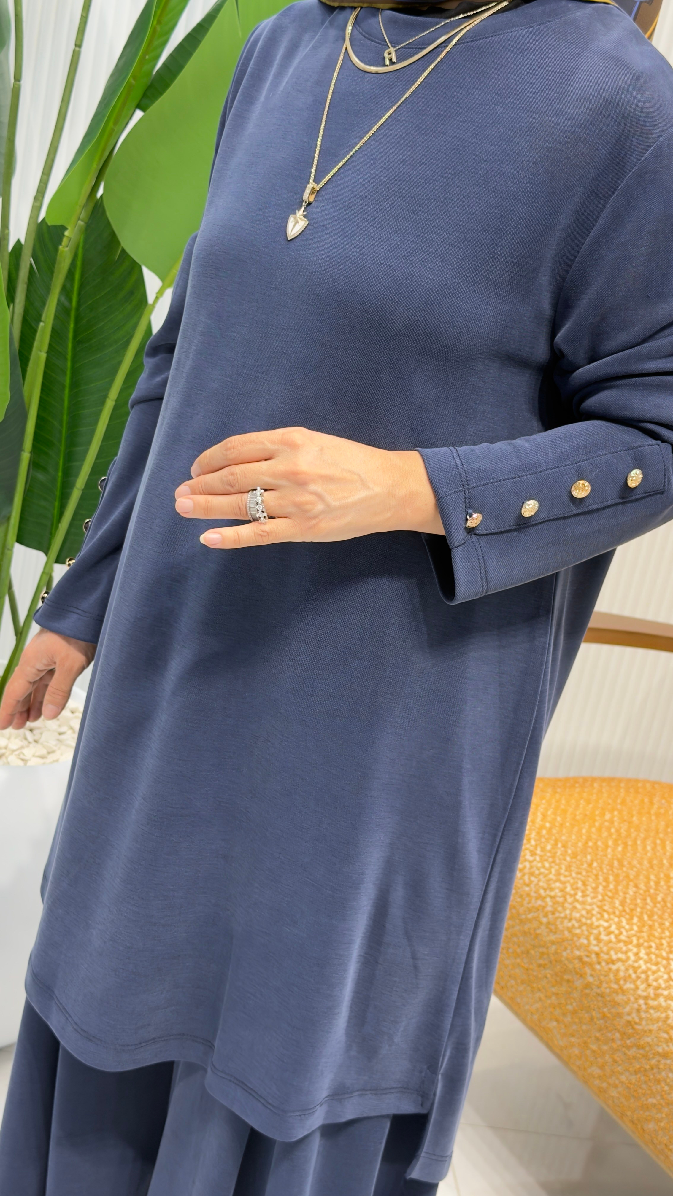 KADO KOLLARI DÜĞME DETAYLI ETEK PANTOLONLU TAKIM MAVİ- 268574