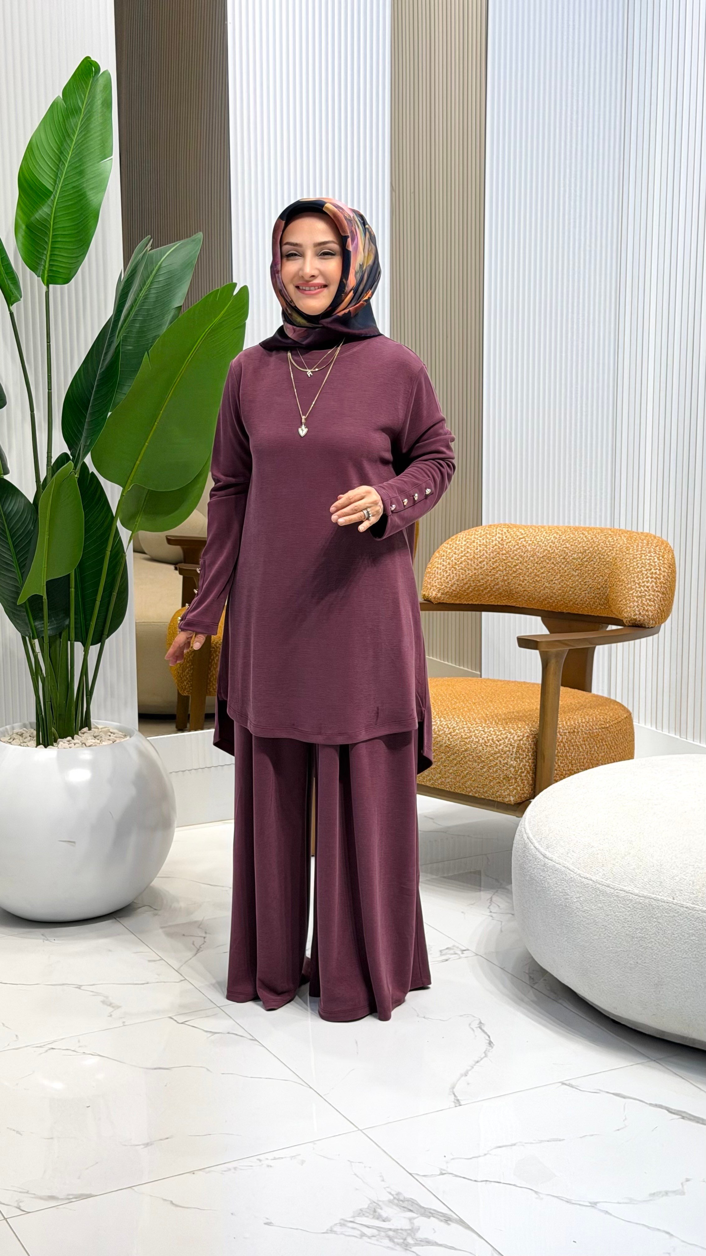 KADO KOLLARI DÜĞME DETAYLI ETEK PANTOLONLU TAKIM MÜRDÜM- 268574