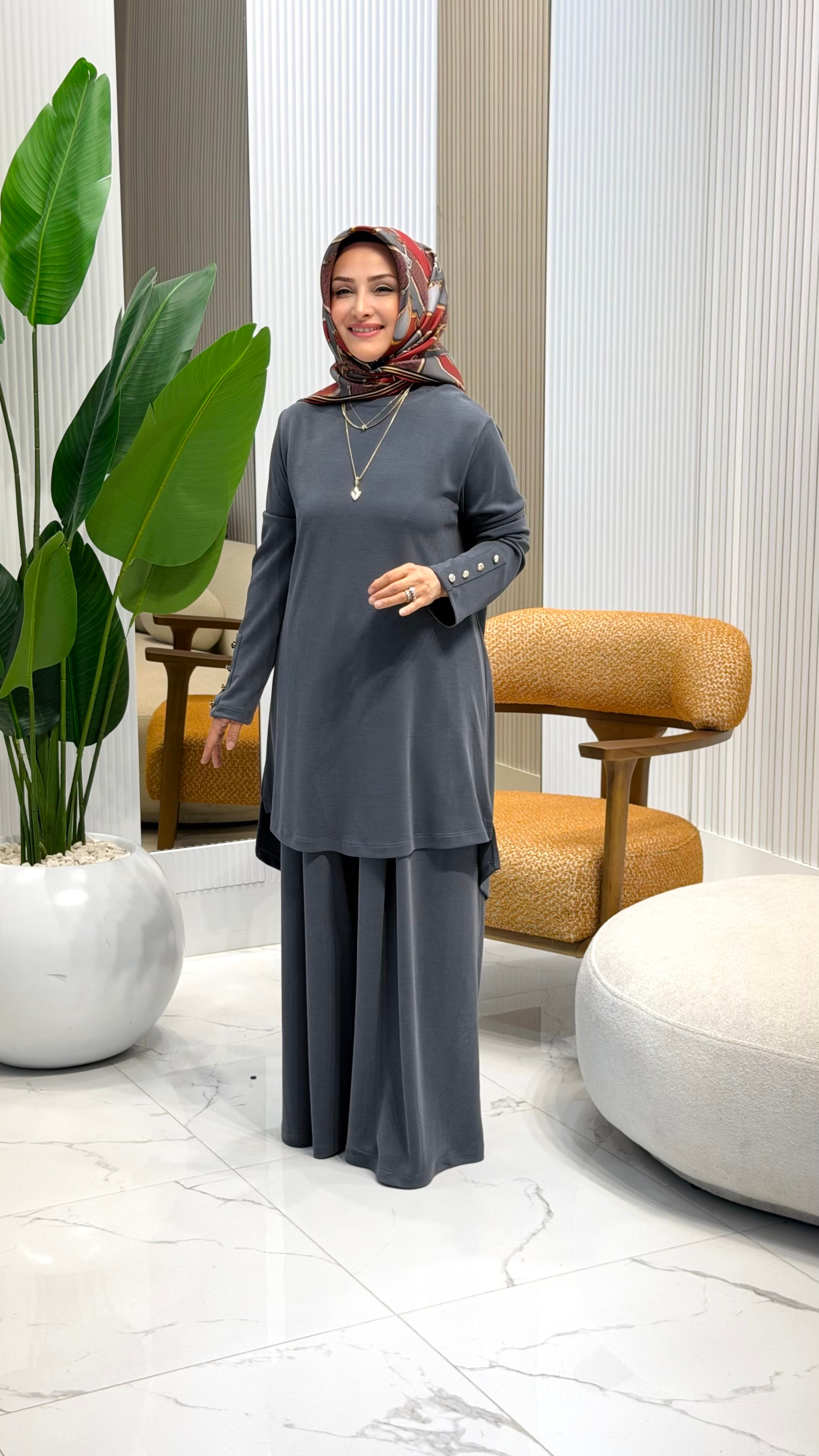 KADO KOLLARI DÜĞME DETAYLI ETEK PANTOLONLU TAKIM ANTRASİT - 268574