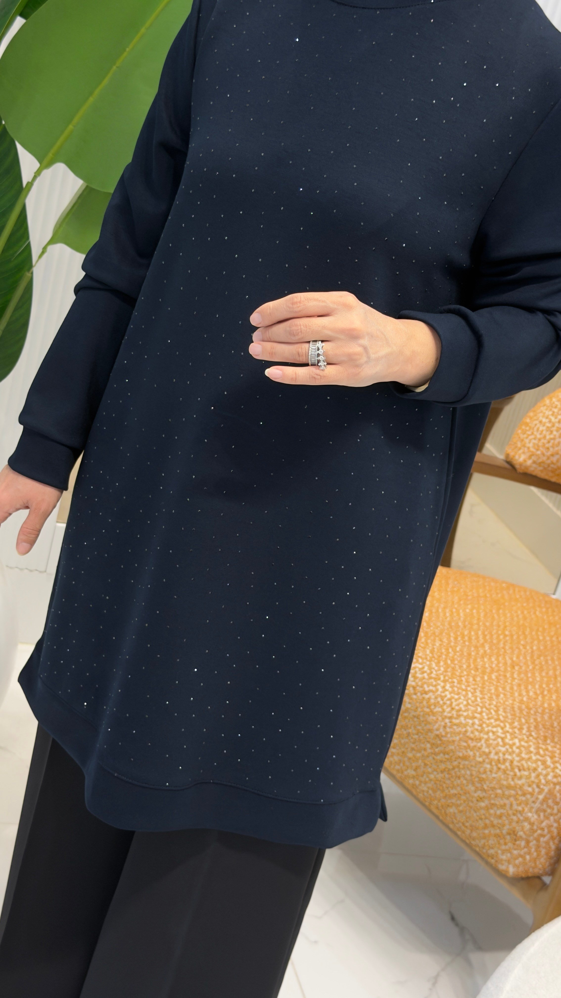 KADO ÖNÜ SERPME TAŞ DETAYLI TUNİK LACİVERT- 268496