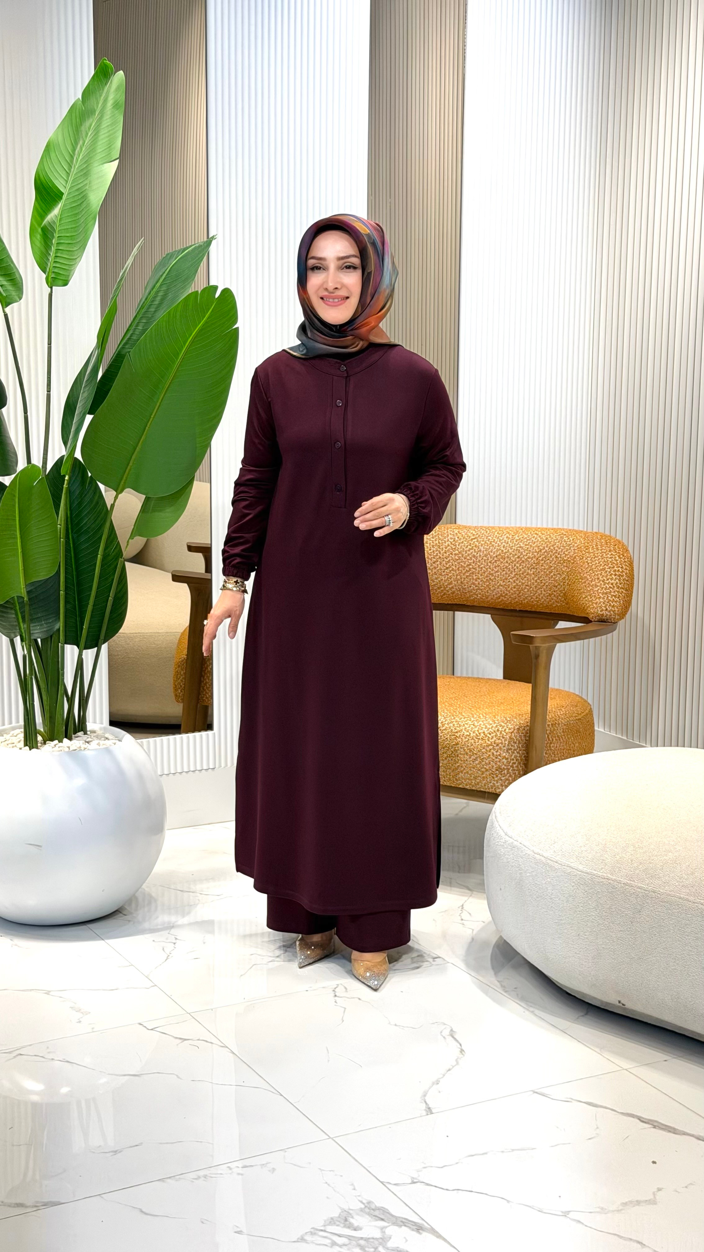KADO ÖNÜ YARIM DÜĞMELİ KOL RİBANALI PANTOLONLU TAKIM MÜRDÜM- 268186