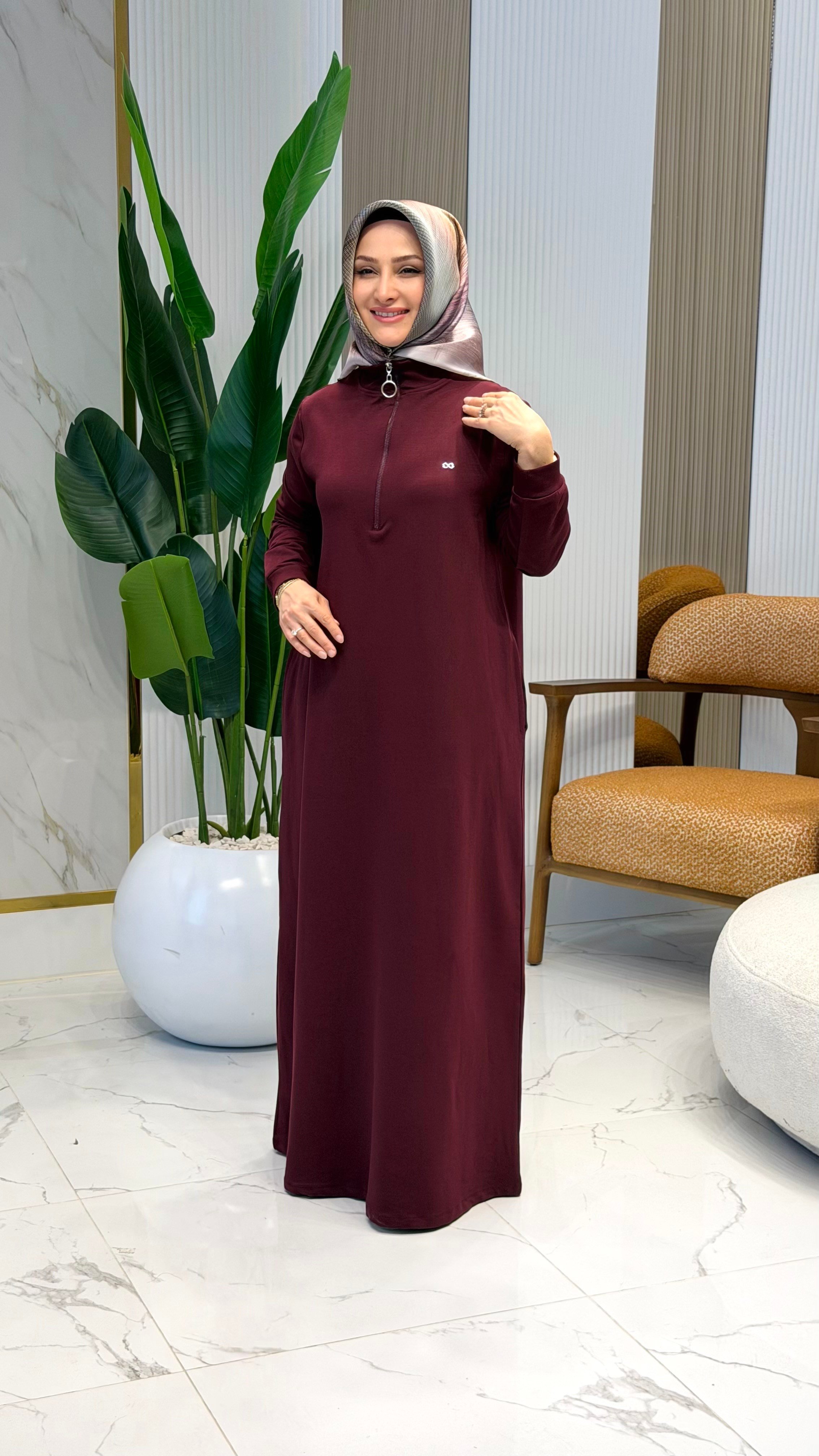 KADO ÖNÜ YARIM FERMUARLI RİBANALI CEPLİ ELBİSE 257324 - BORDO