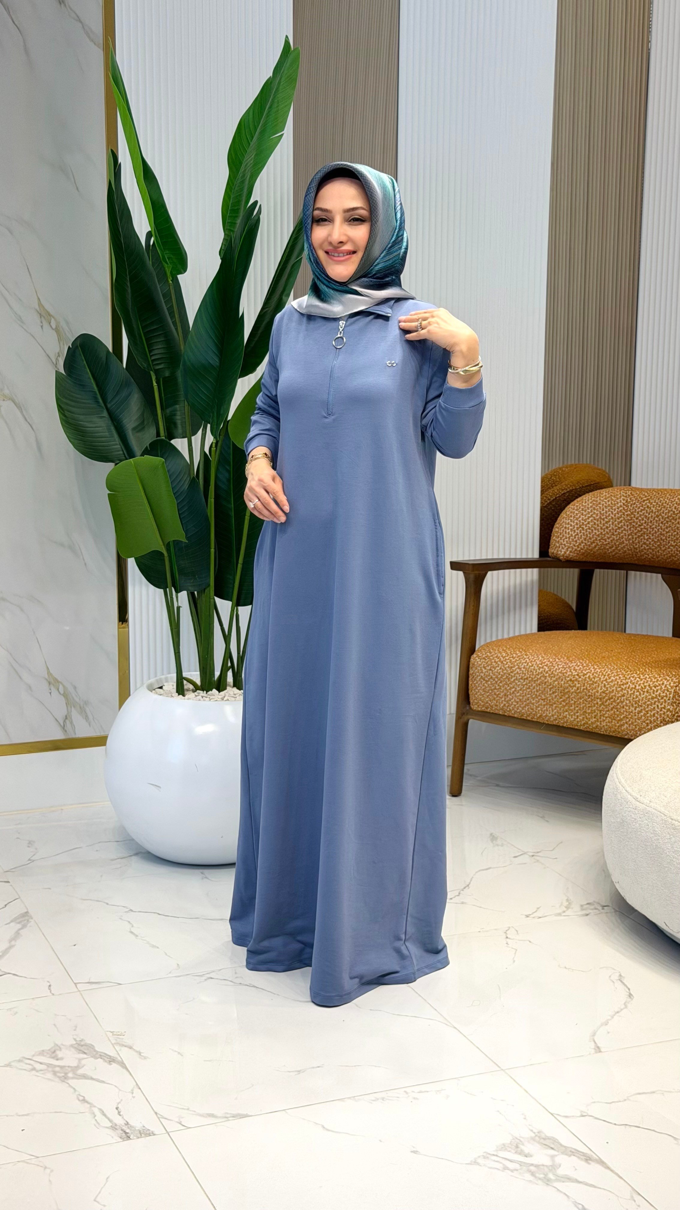 KADO ÖNÜ YARIM FERMUARLI RİBANALI CEPLİ ELBİSE 257324 - İNDİGO